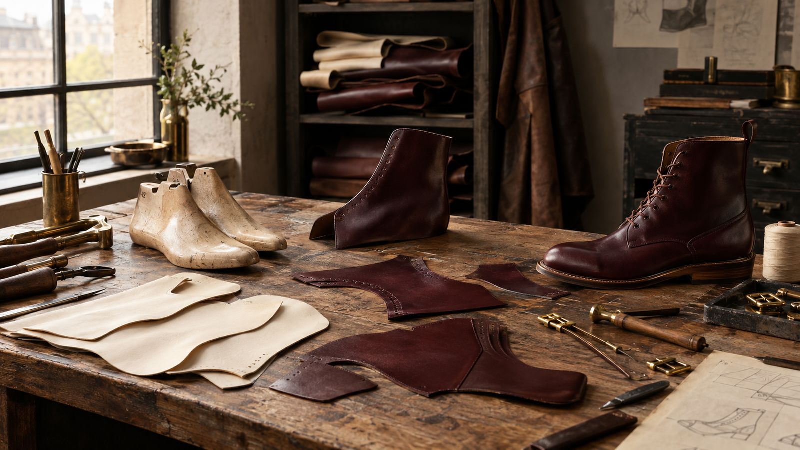 Wooden shoe lasts and leather boot components on a craftsman's workbench