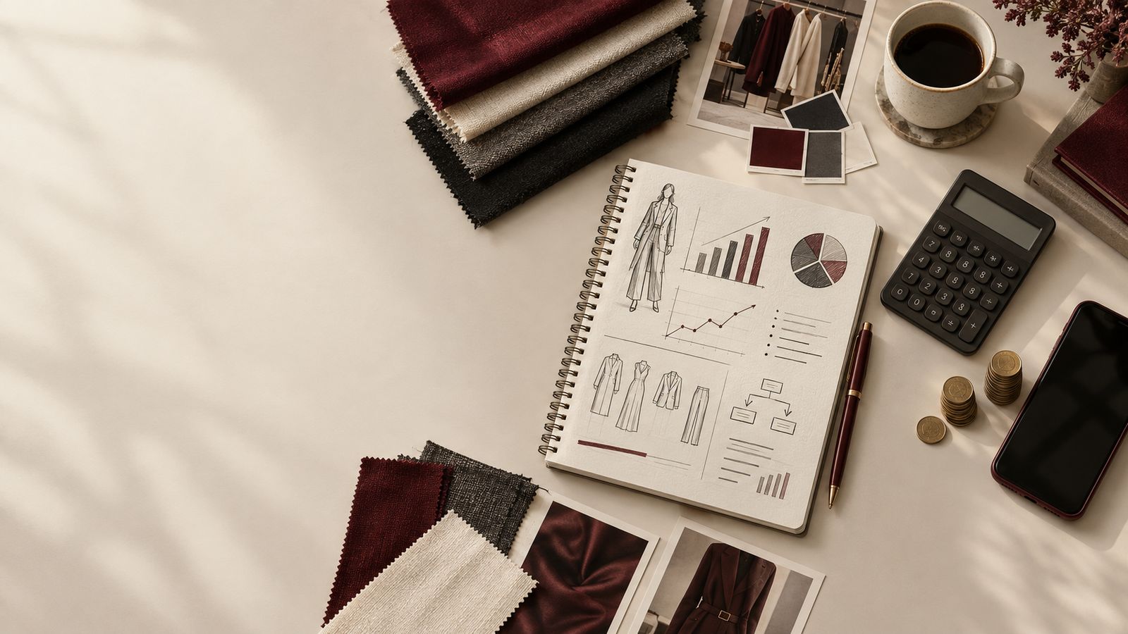 Business planning desk with hand-drawn charts, a calculator, fabric swatches, and a small stack of coins