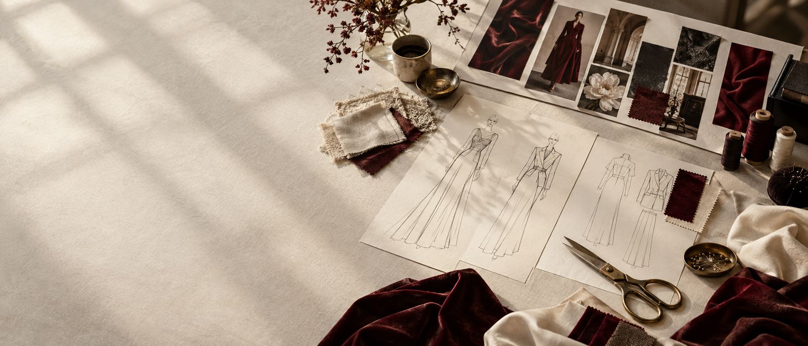 Fashion designer's atelier worktable with garment sketches, fabric swatches, and a moodboard