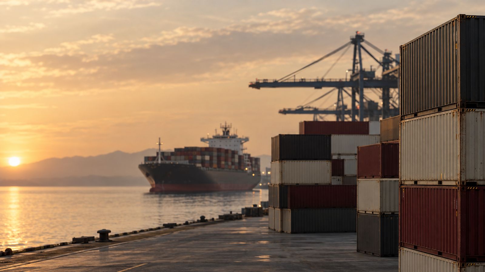 Stacked shipping containers at a container port at golden hour