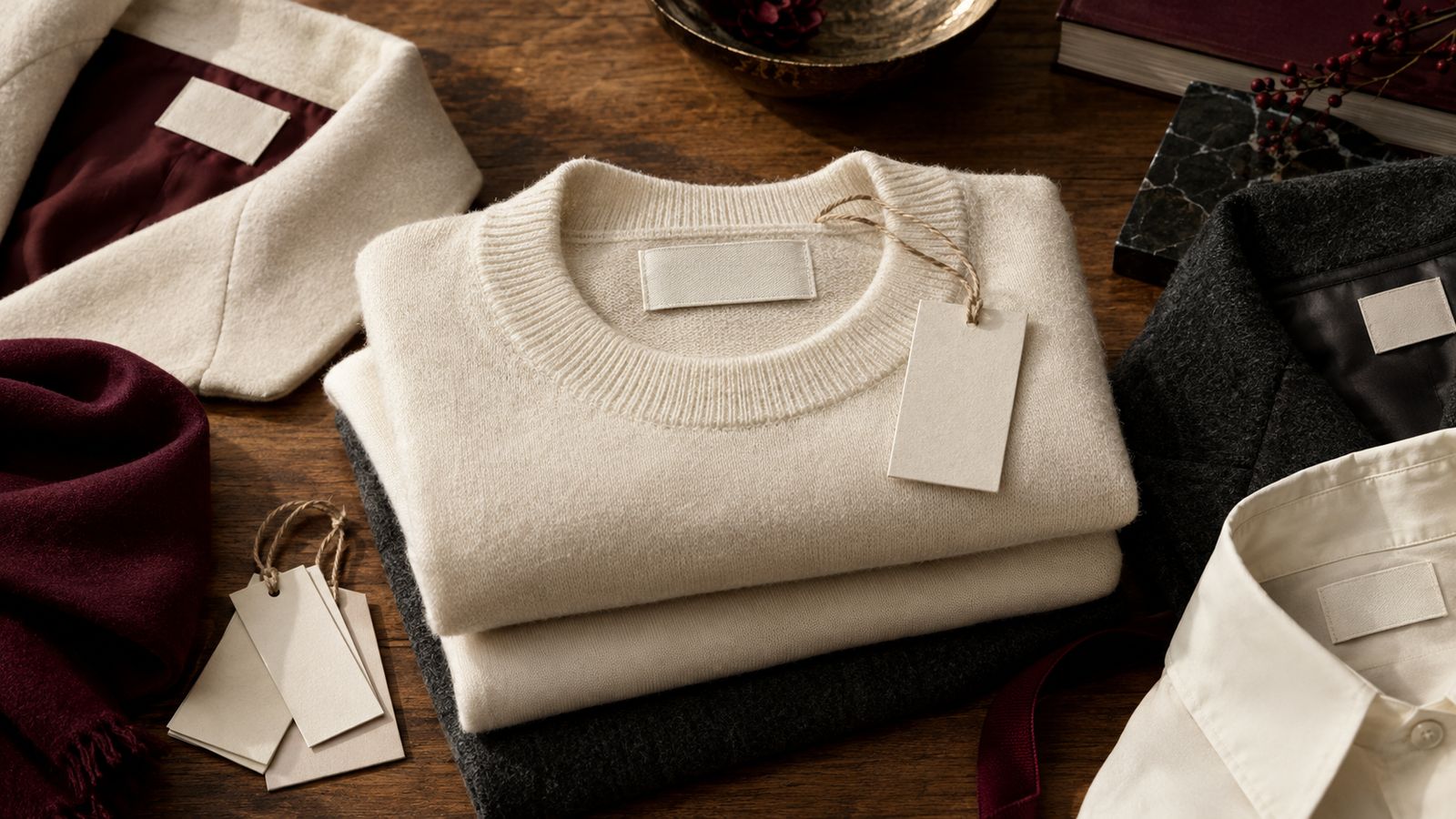 Folded cream garments with blank woven labels and hangtags on a wooden table