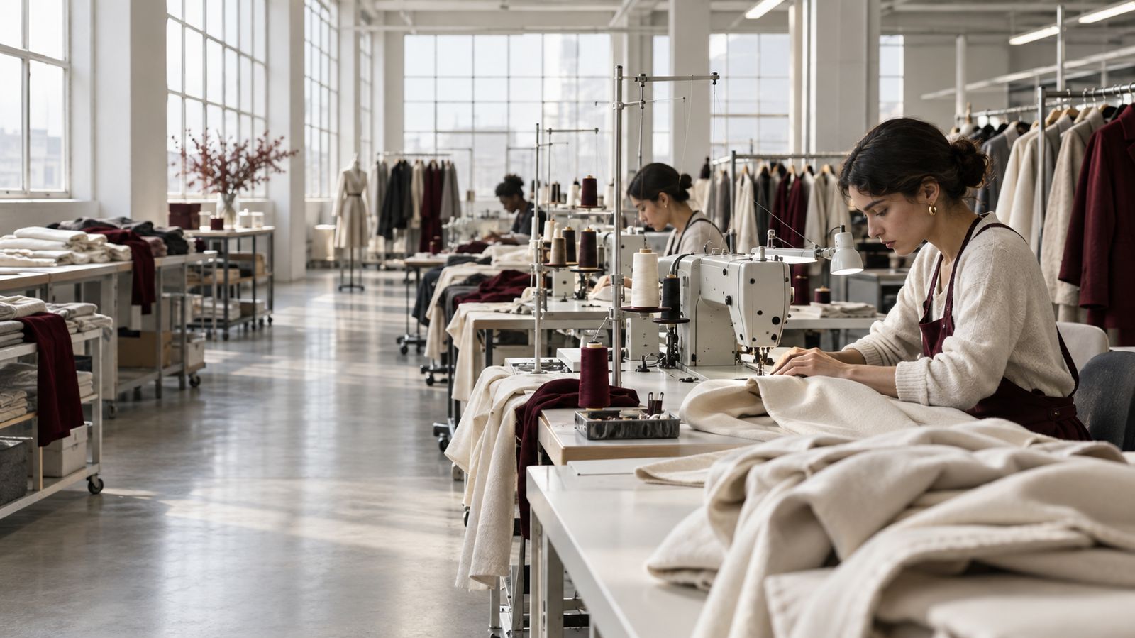 Rows of industrial sewing machines with garments in production in a bright clothing factory