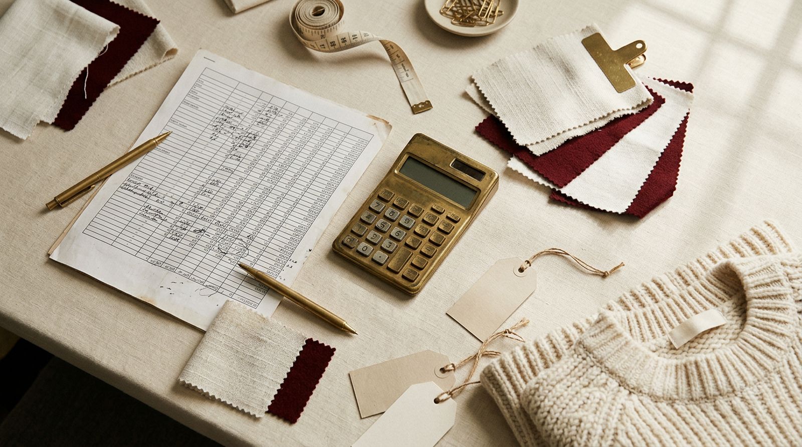 A cost sheet, calculator, fabric swatches, and blank price tags arranged on a designer's desk