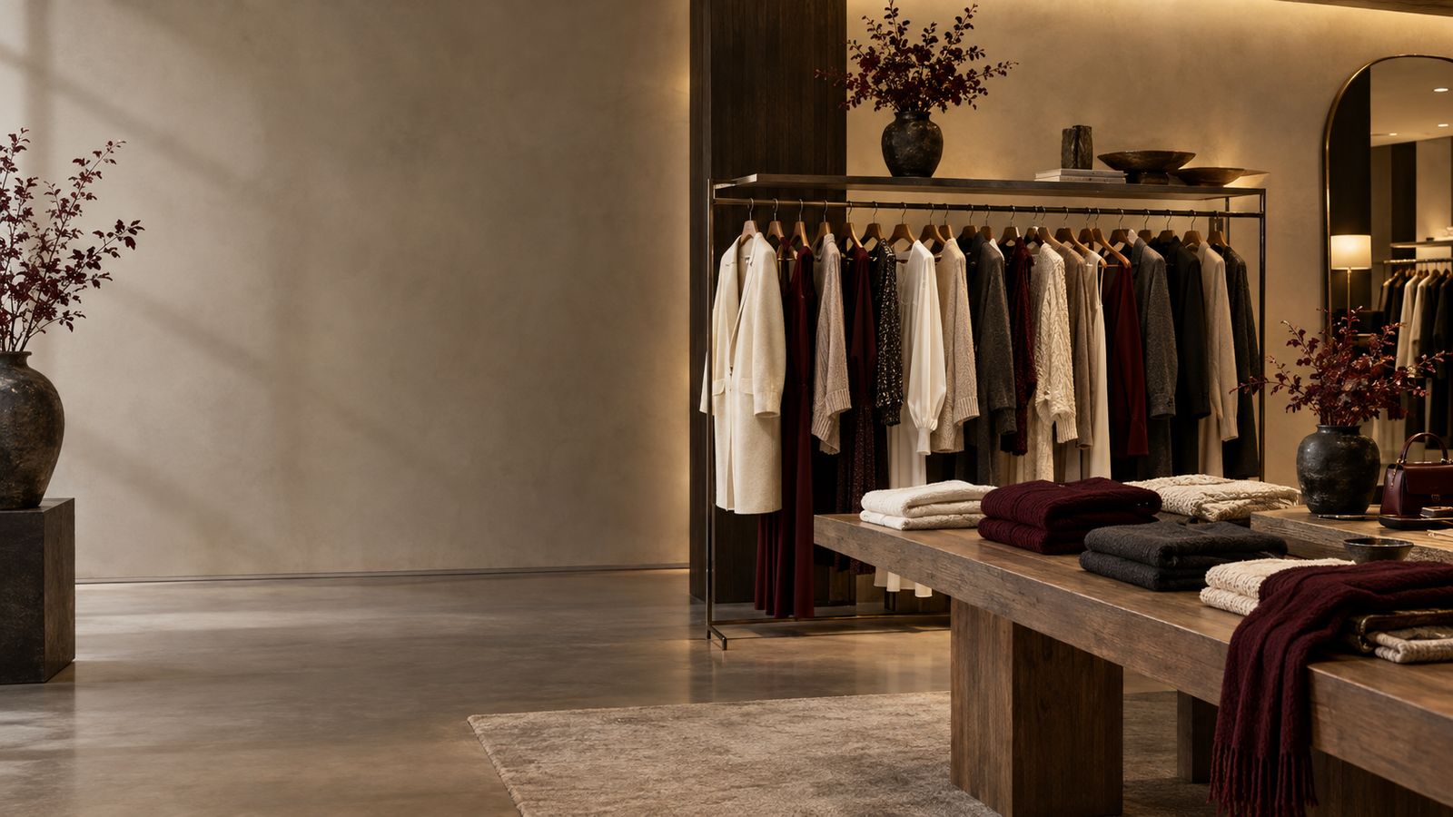 Curated clothing rack and folded knitwear in an elegant small fashion boutique