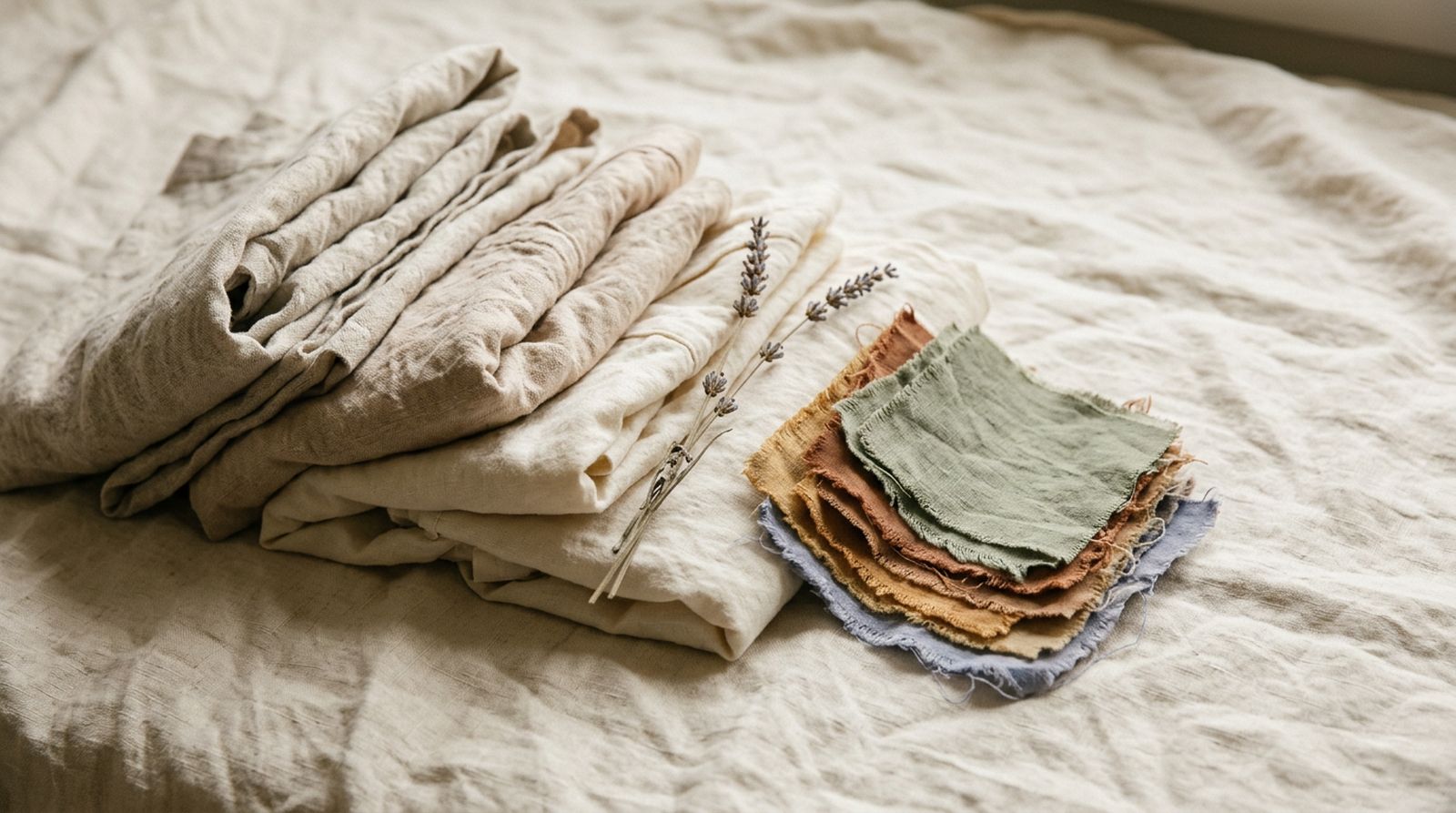 Naturally dyed fabric swatches and folded organic garments arranged beside dried lavender
