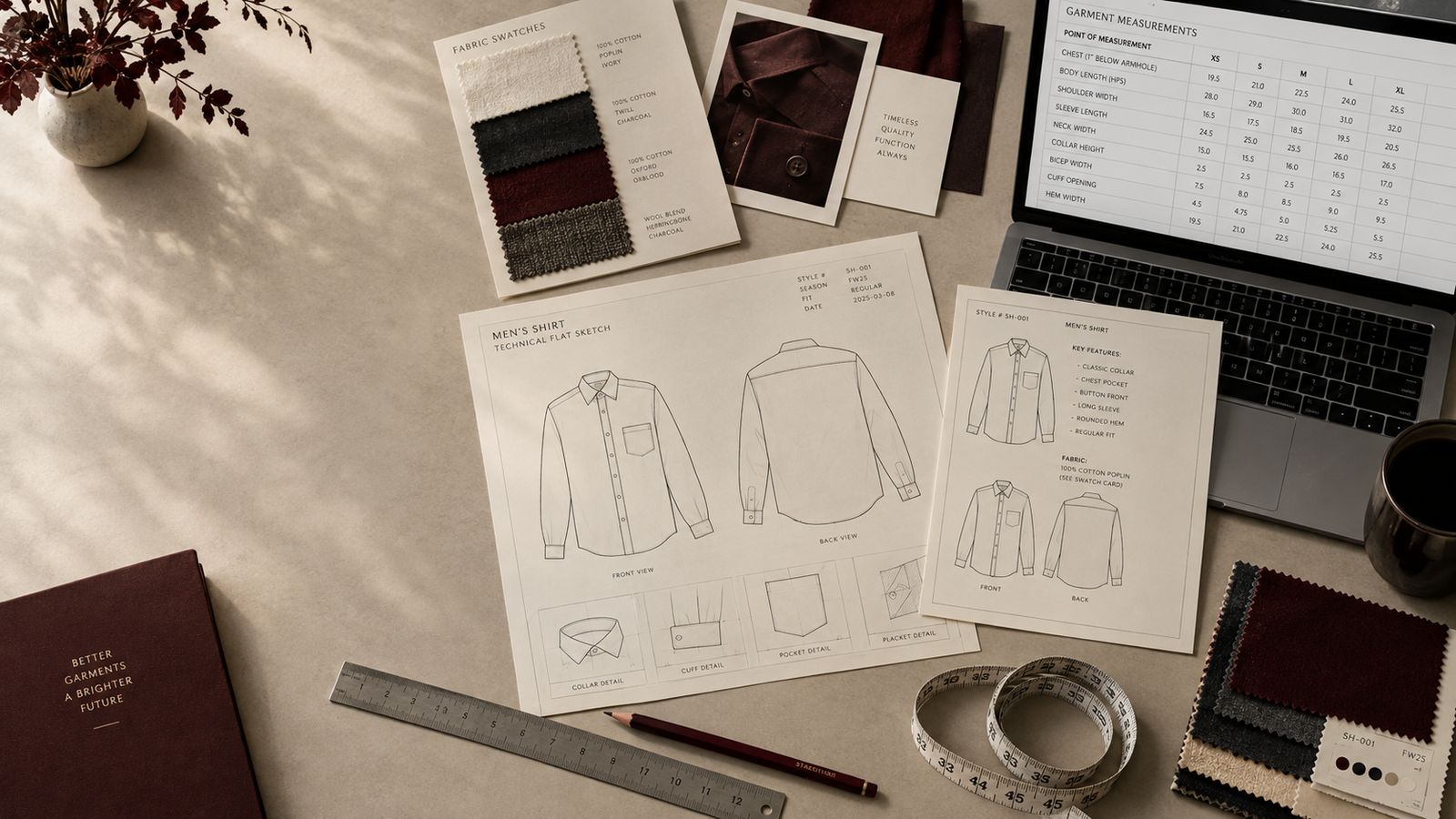 Technical flat sketches, a measuring tape, and a measurement spreadsheet on a designer's desk