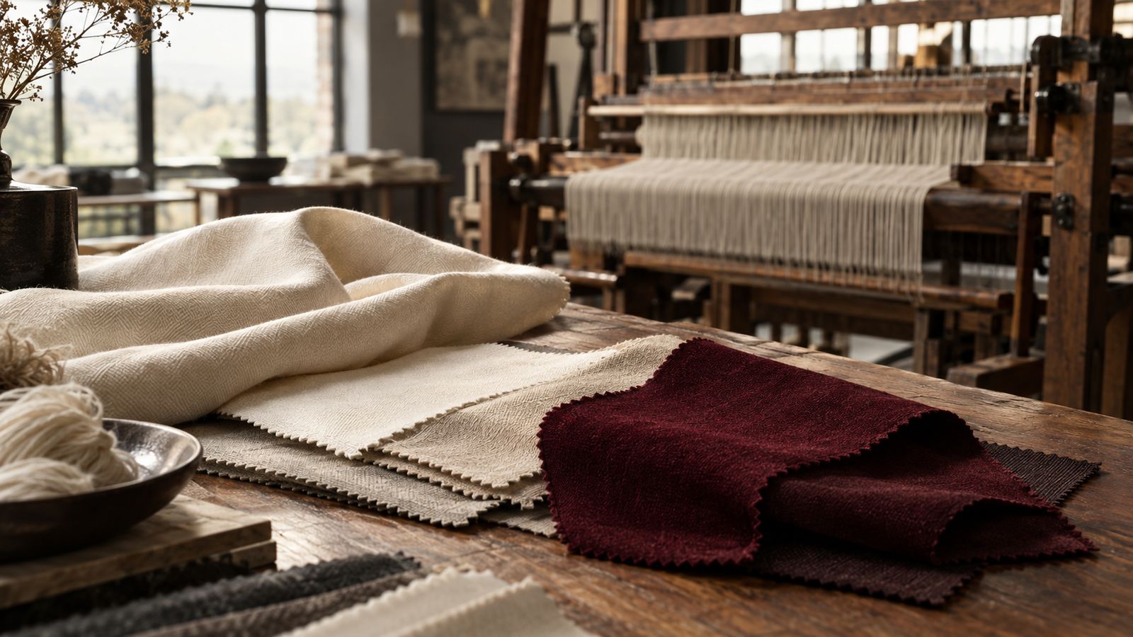 Fabric swatches in ivory and oxblood tones beside a loom in a textile mill