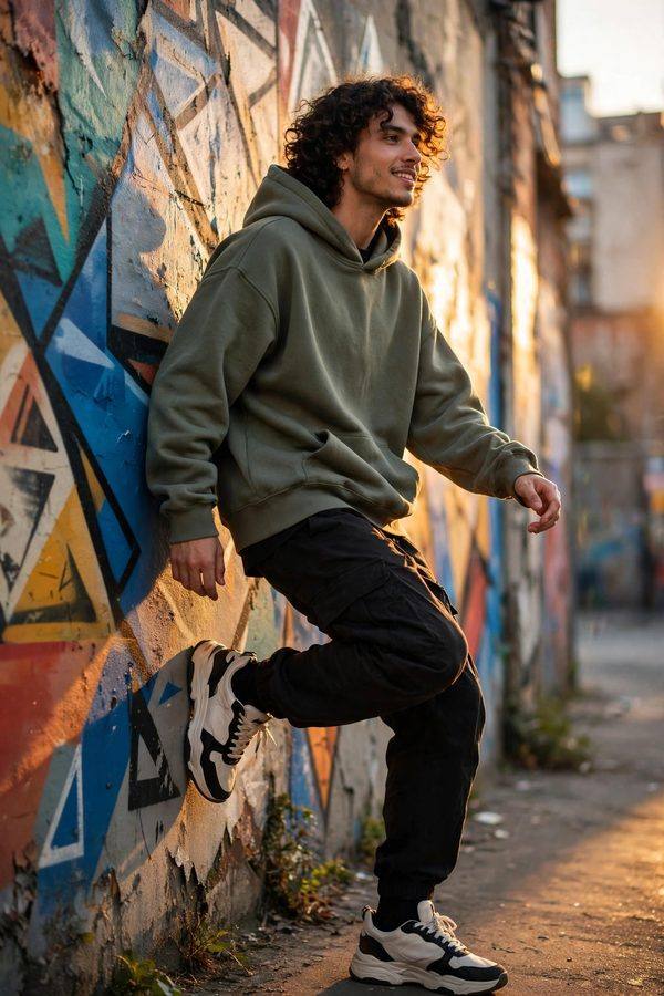 Person in streetwear standing before street art in a city