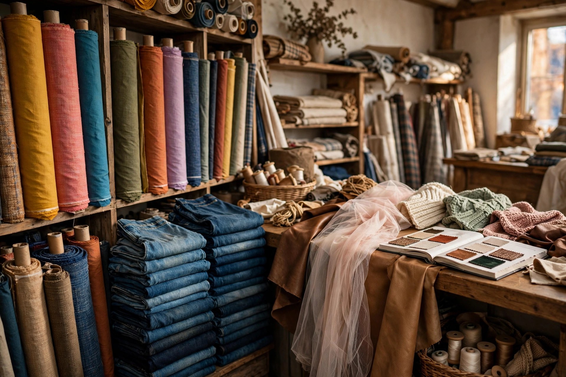 Rolls of colorful fabric, stacks of denim, knitted swatches and leather pieces on a textile shop counter