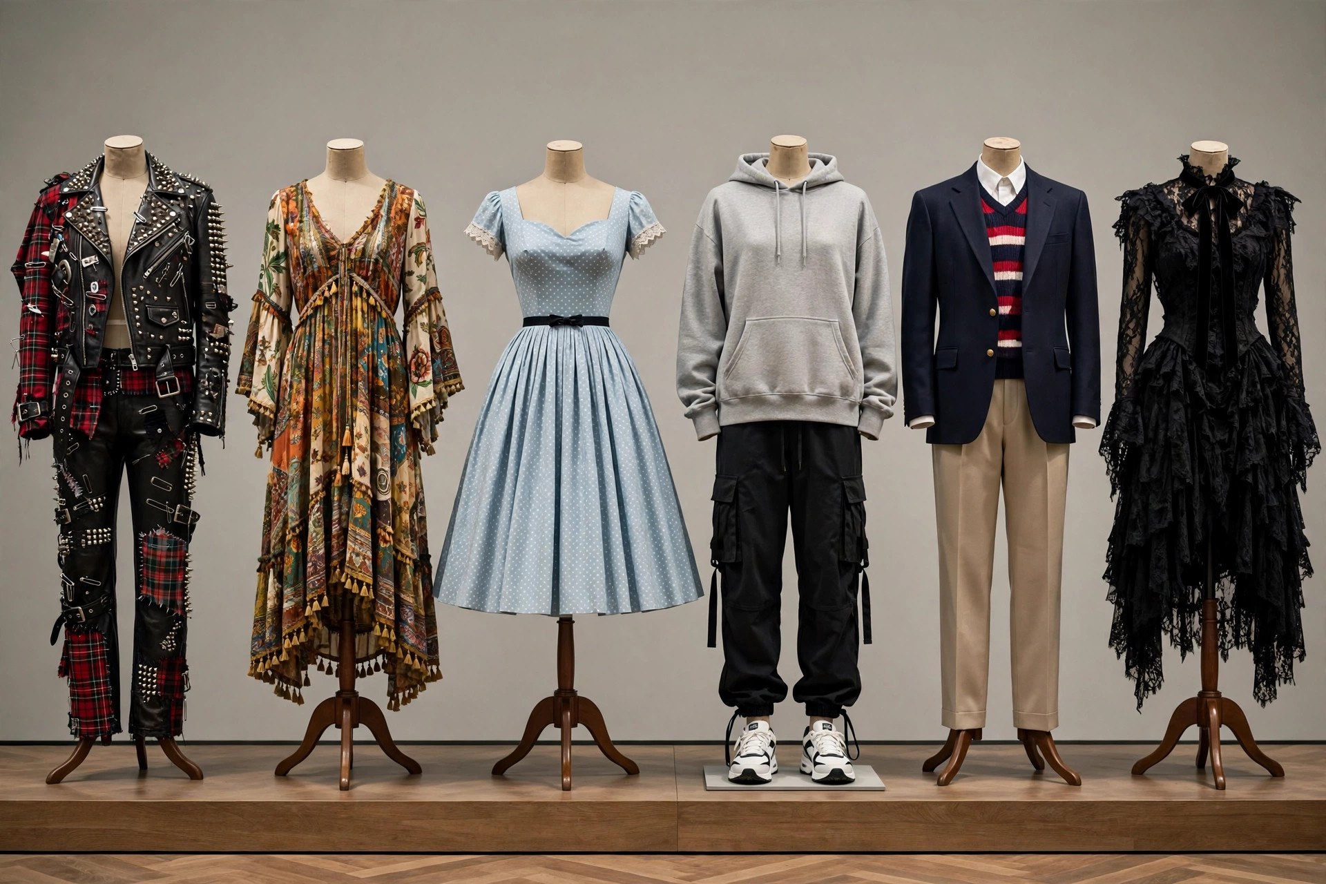 Six dress-form mannequins in a museum-style row, each styled in a different look: punk, bohemian, 1950s vintage, streetwear, preppy and gothic