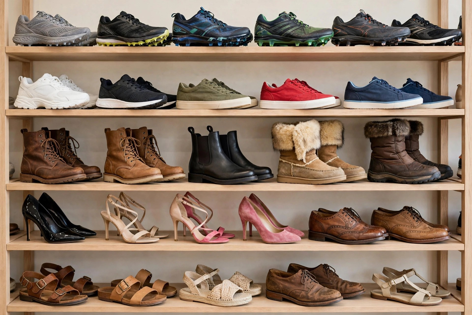 A shoe store display wall with many kinds of footwear on shelves: sneakers, boots, cleats, heels, winter boots and vintage shoes