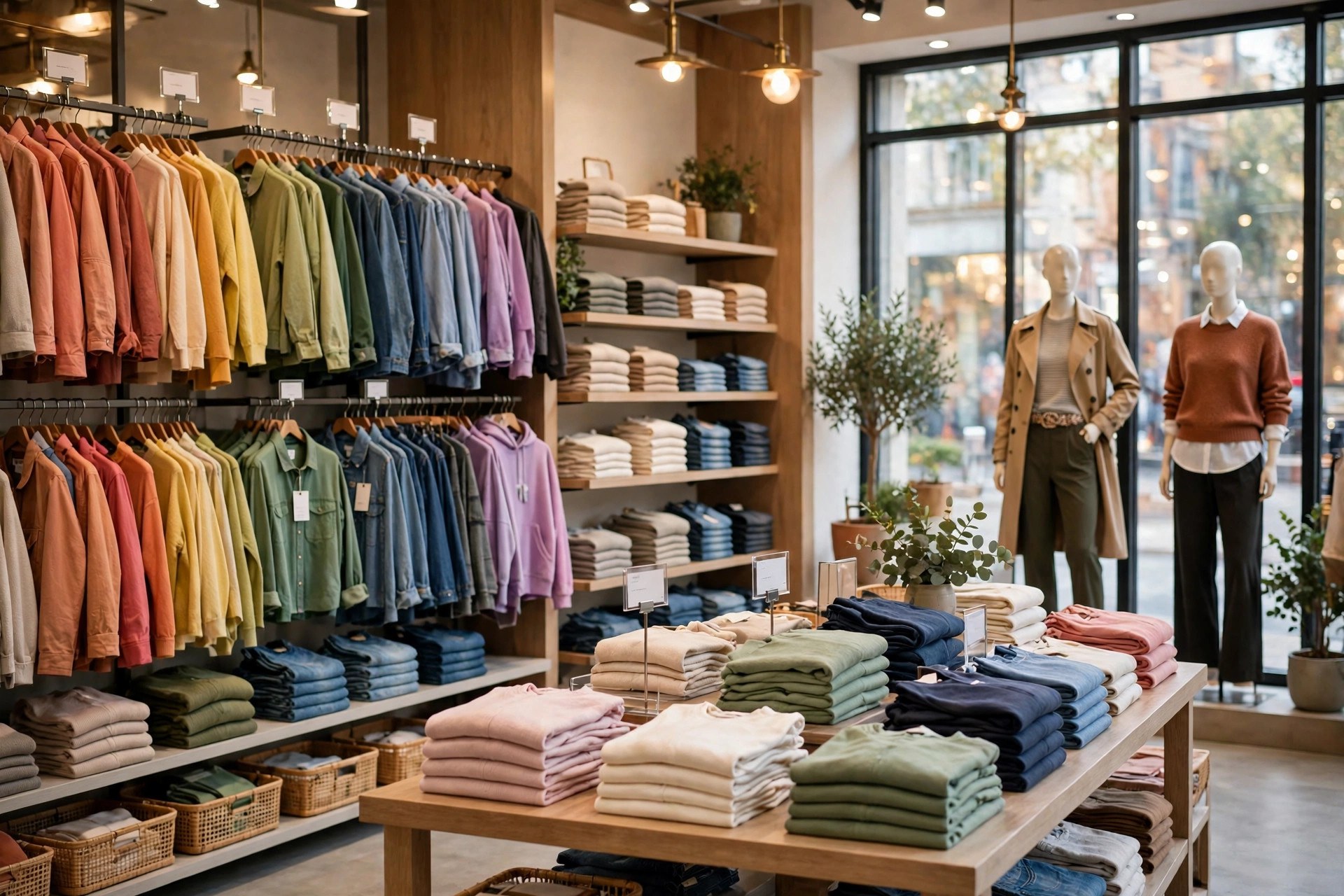 A bright clothing store interior with racks of colorful garments, folded apparel stacks and mannequins in the window