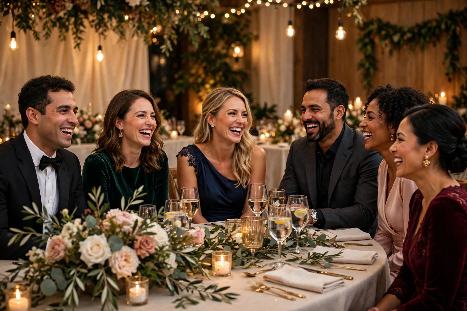 Wedding guests seated at tables at a reception