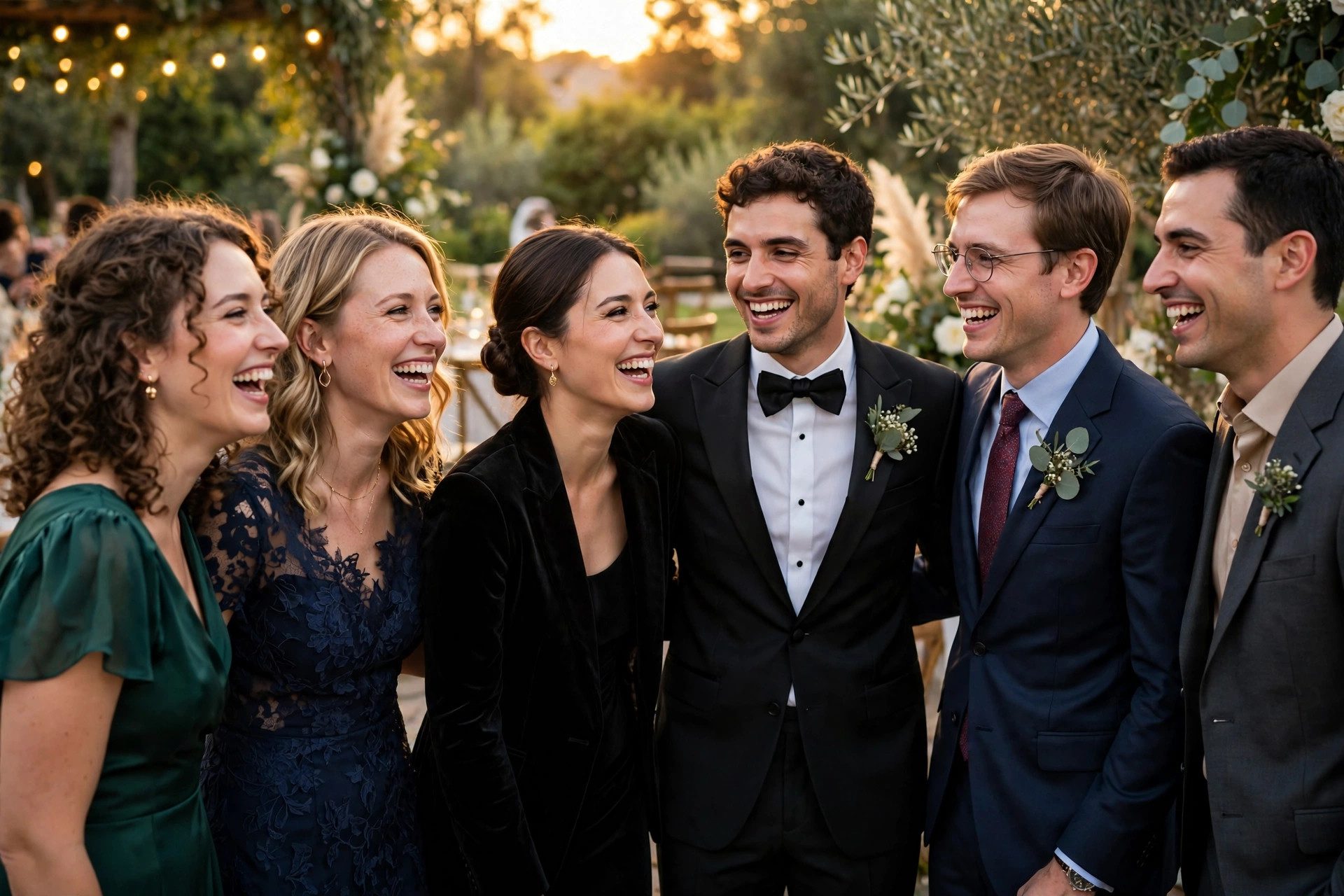 Wedding guests in formal attire at an outdoor ceremony