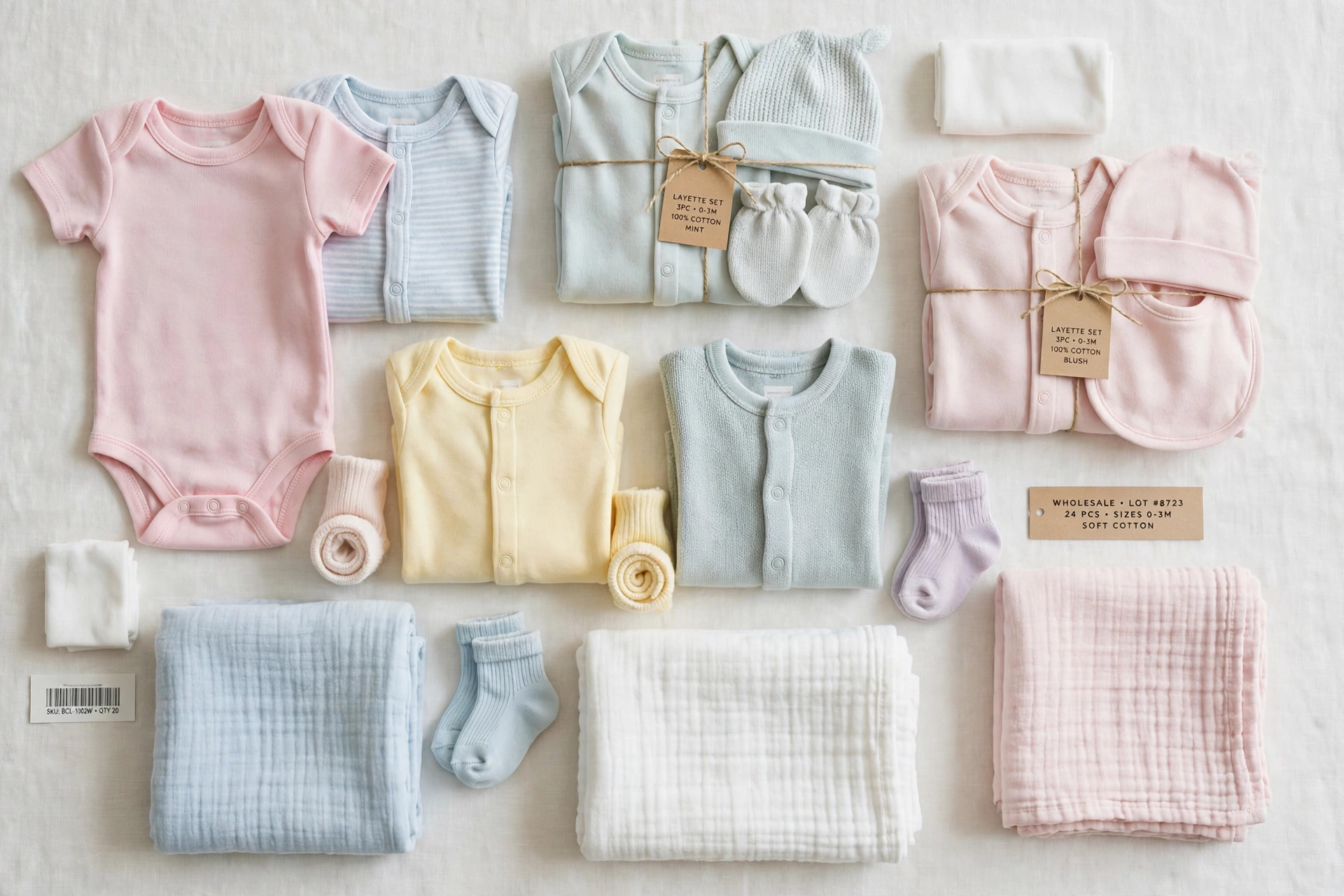 Wholesale baby clothing: folded onesies, layette sets and receiving blankets arranged as a flat lay