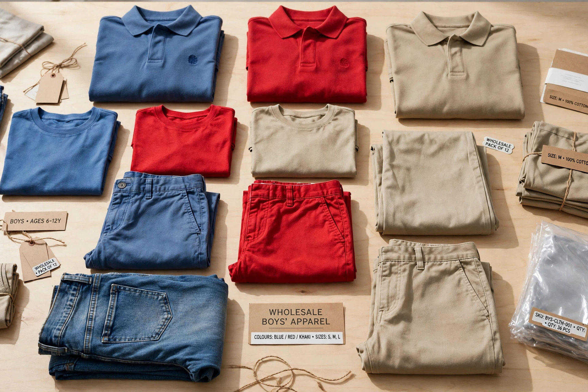 Wholesale boys' clothing: folded polo shirts, t-shirts, shorts and jeans arranged as a flat lay