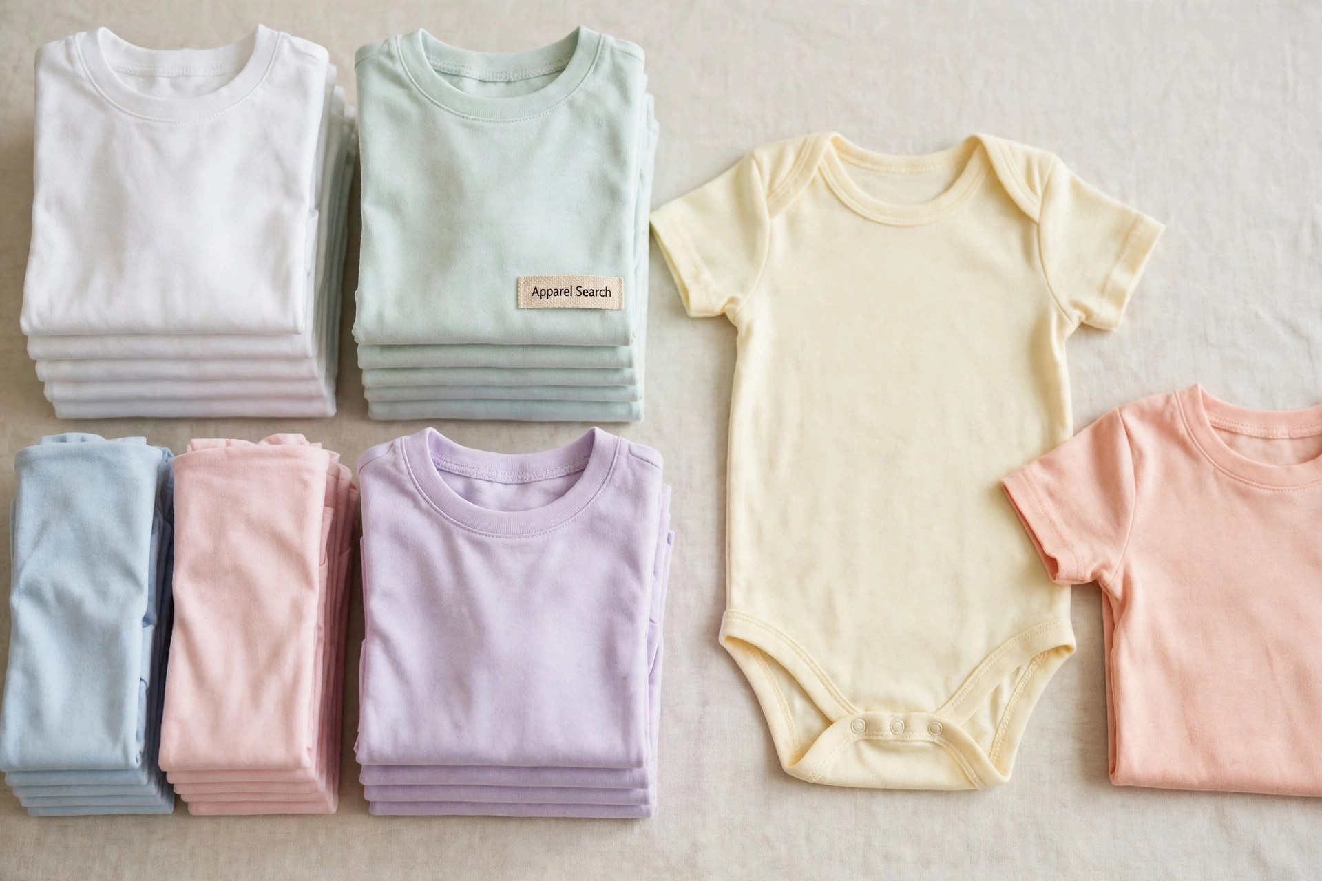 A flat lay of plain blank children's t-shirts in white and pastel colours folded in neat stacks, with one blank infant bodysuit and a blank toddler tee beside them and an Apparel Search woven label on one folded shirt