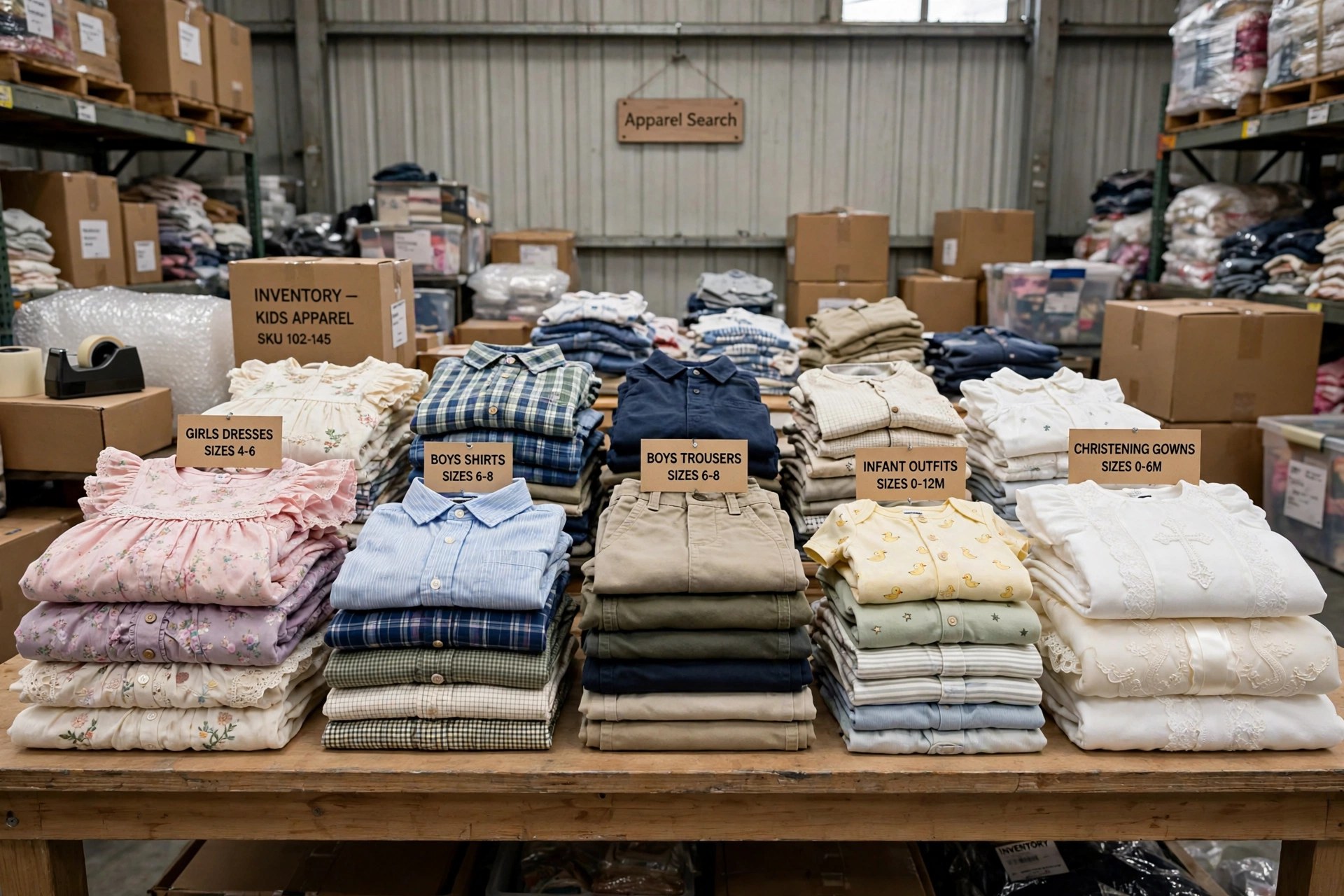 Neatly stacked children's garments on a wholesale warehouse table: folded girls dresses, boys shirts and trousers, infant outfits and christening gowns in size groups, with an Apparel Search sign on the wall