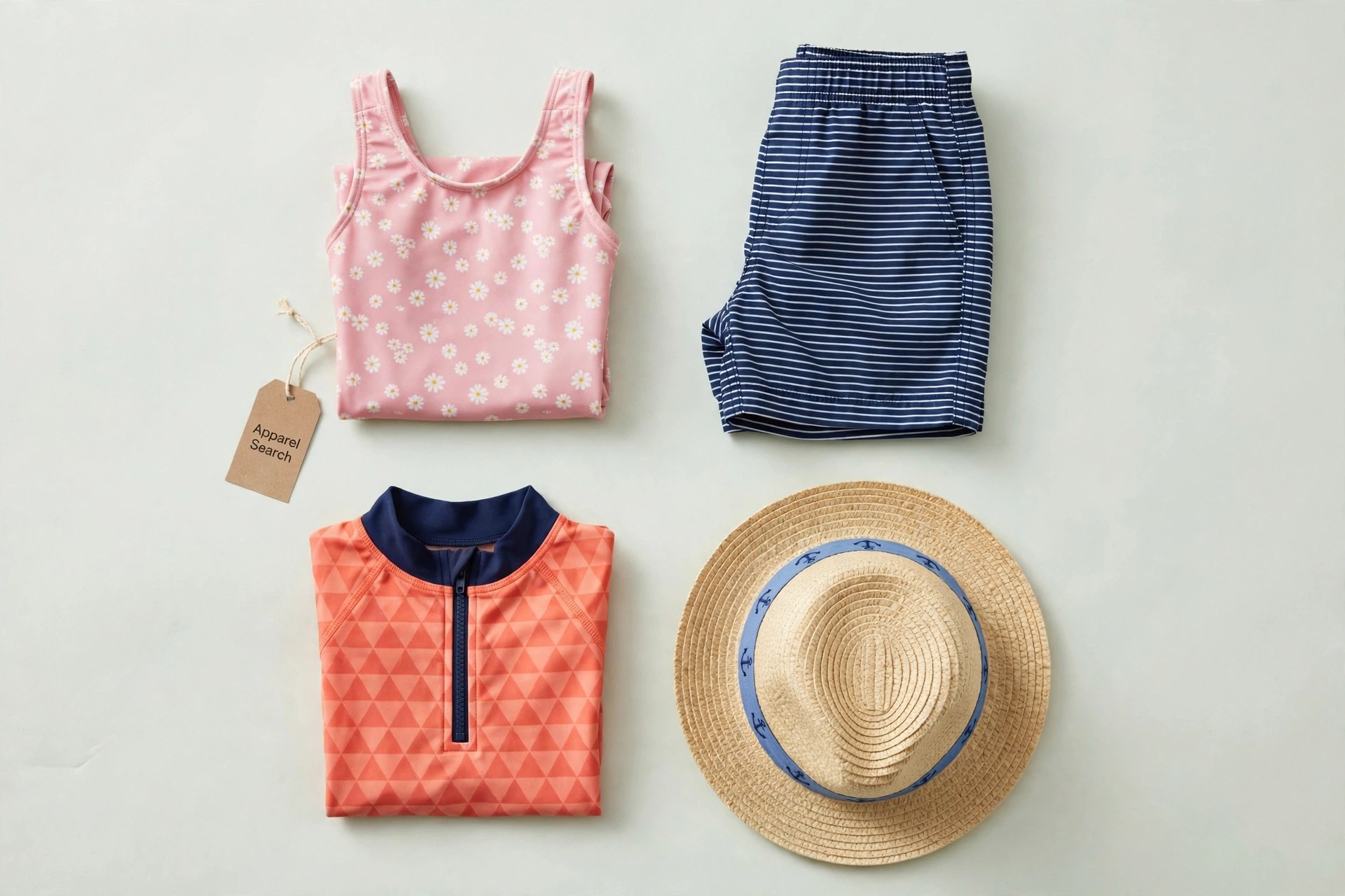 A neutral product flat lay of children's swimwear garments laid out on their own: a folded children's swimsuit, striped swim trunks, a folded rash guard top and a sun hat, with an Apparel Search garment tag