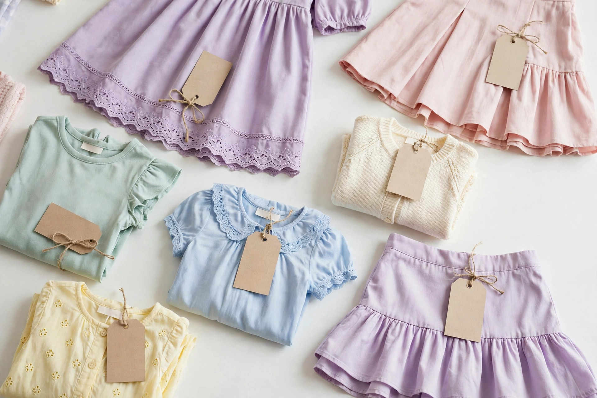 Wholesale girls' clothing: folded dresses, skirts and tops arranged as a flat lay