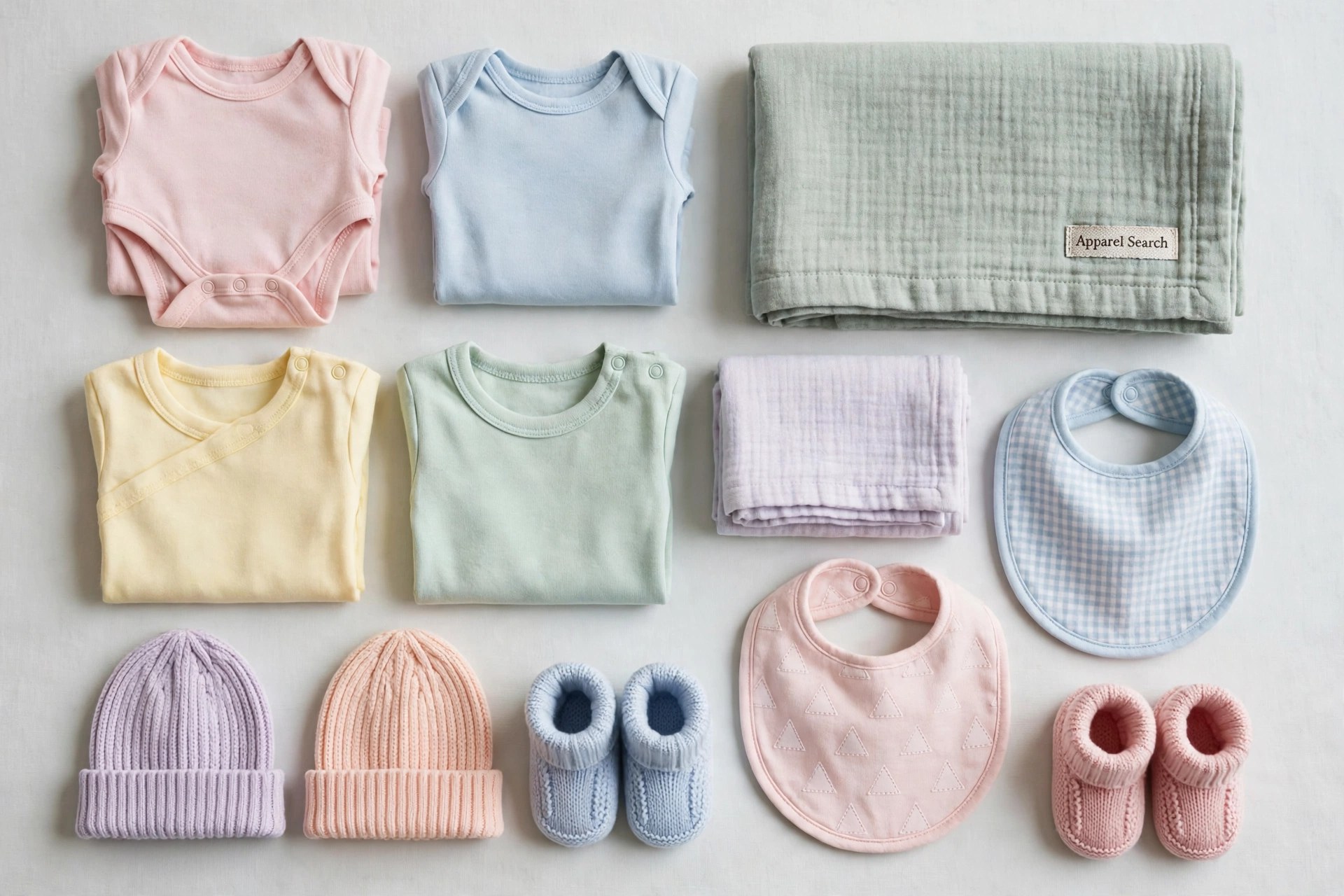 A flat lay of infant and toddler clothing garments on their own: folded bodysuits, lap t-shirts, receiving blankets, bibs, caps and booties in soft pastel colours, with an Apparel Search woven label on one blanket
