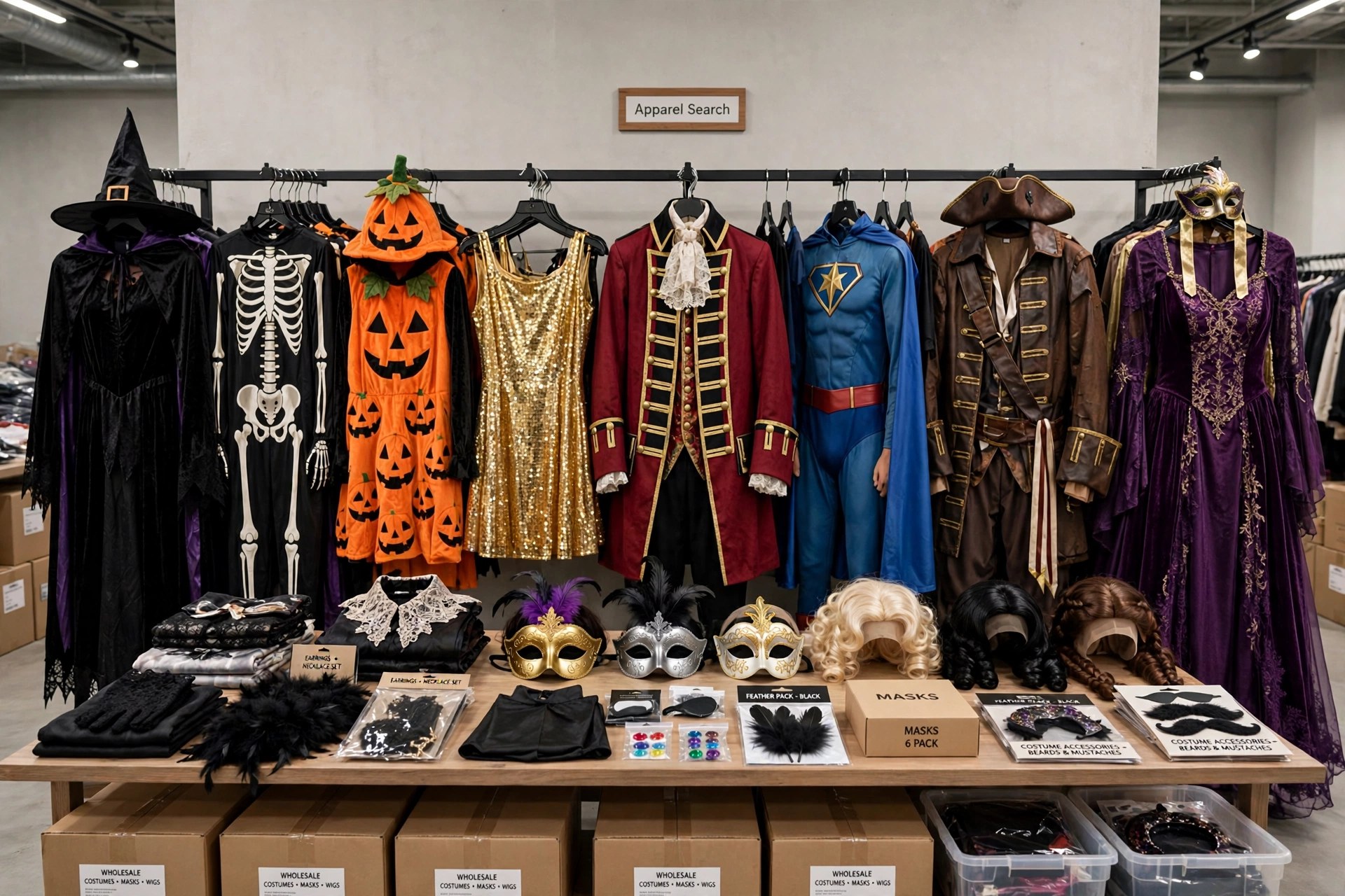 Wholesale adult costumes on a showroom rack
