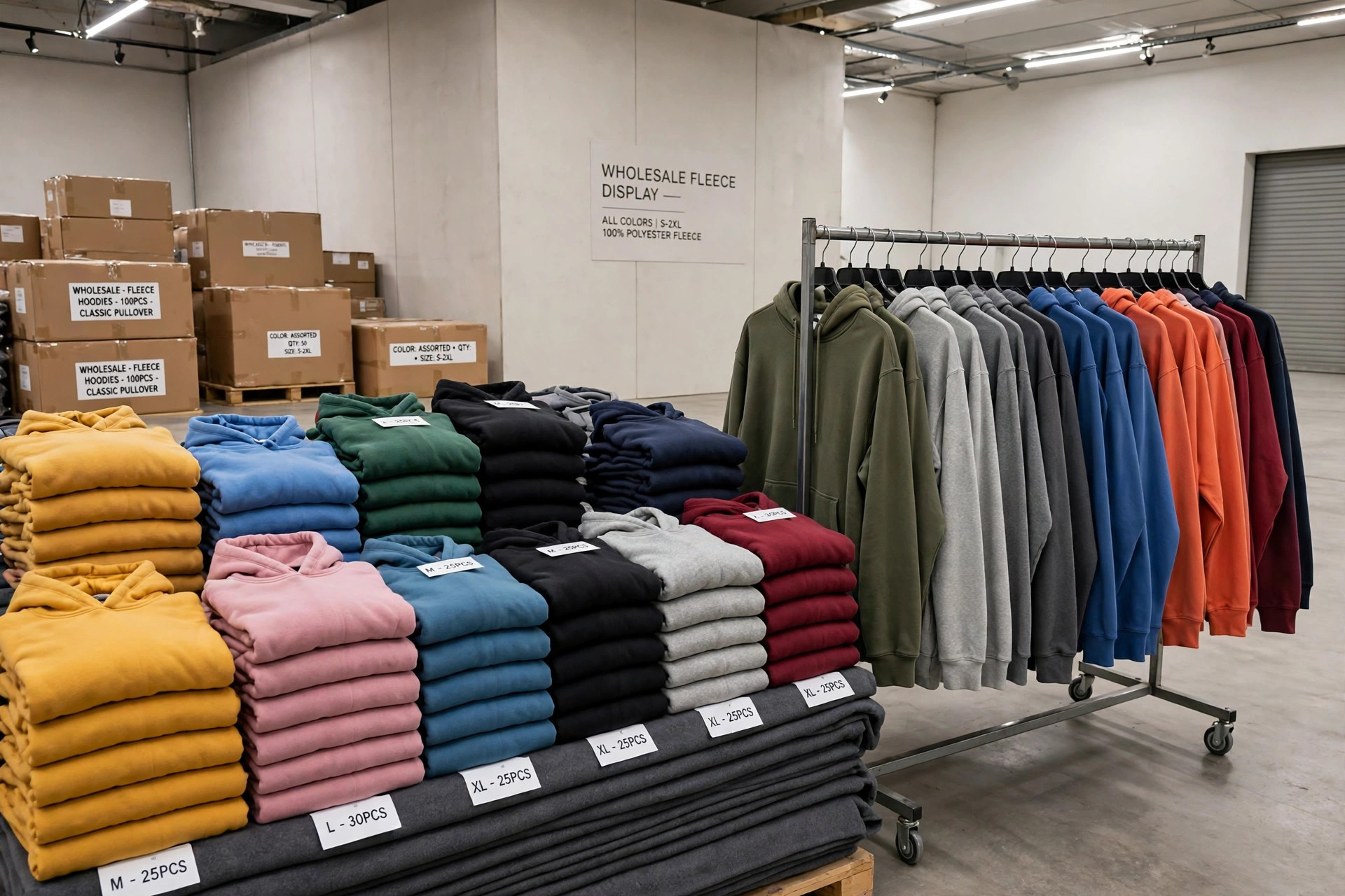 Men's wholesale hoodies: stacks of folded hooded sweatshirts in many colors