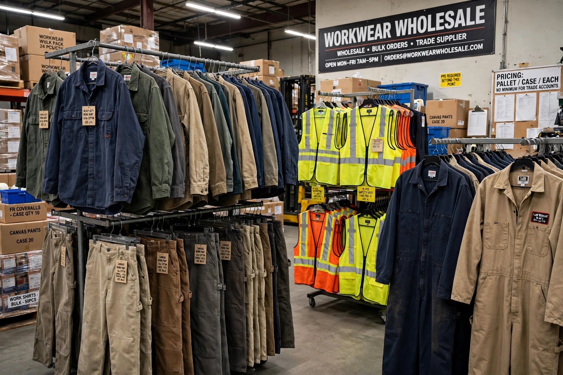 Men's wholesale workwear: work shirts, canvas pants, hi-vis vests and coveralls on racks