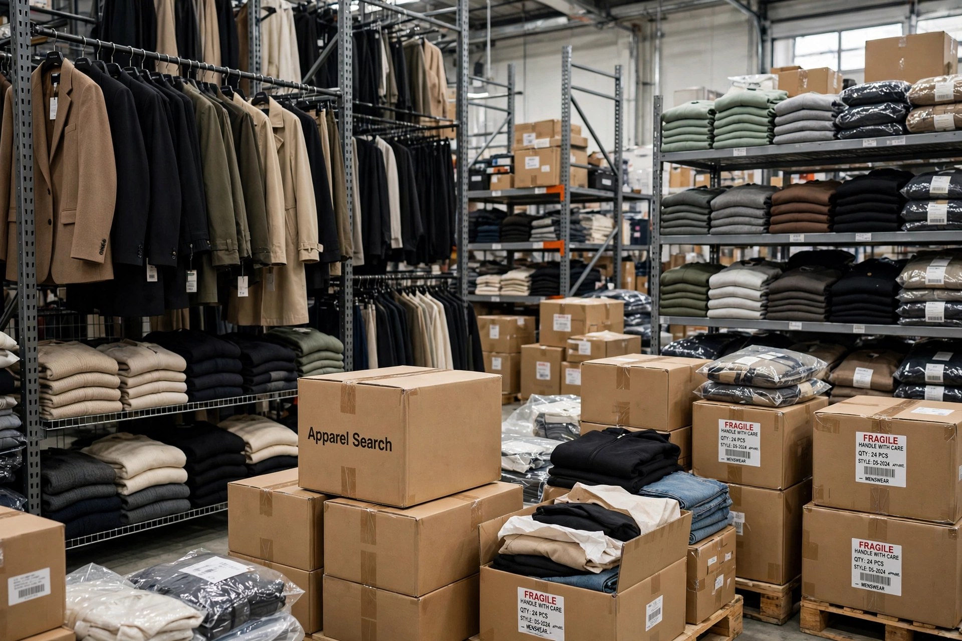 Popular brand-name clothing in a wholesale warehouse: racks of coats and jackets, shelves of folded garments and stacked shipping cartons