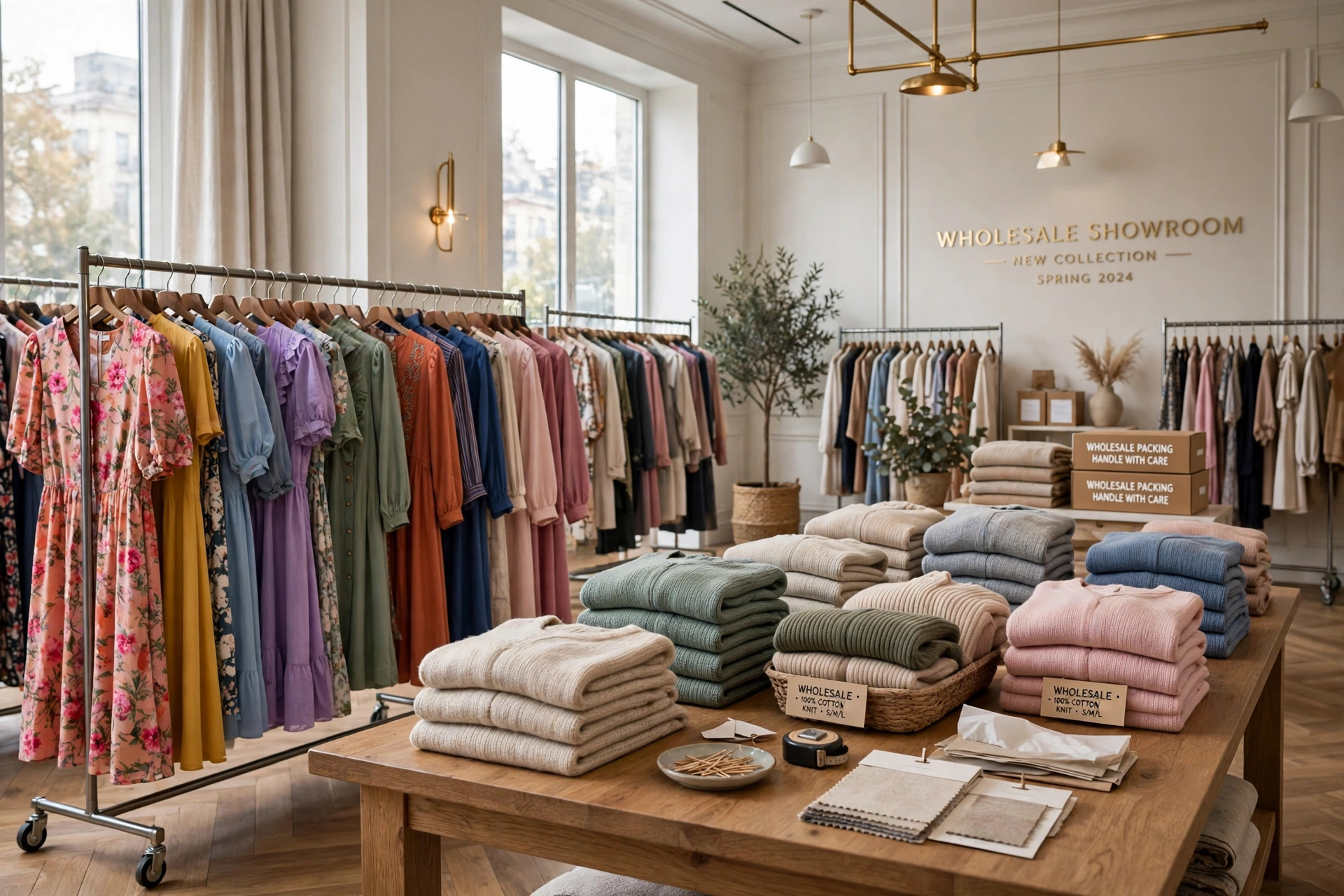 Wholesale clothing for boutiques: a showroom of dresses and blouses on rolling racks