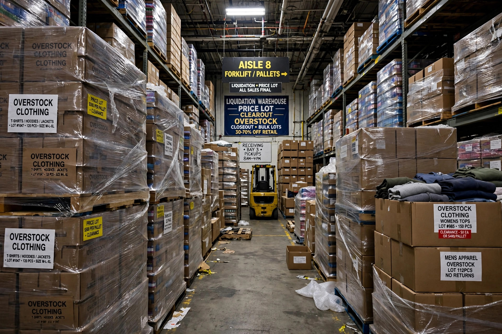 Wholesale closeout clothing: pallets of overstock clothing cartons in a liquidation warehouse