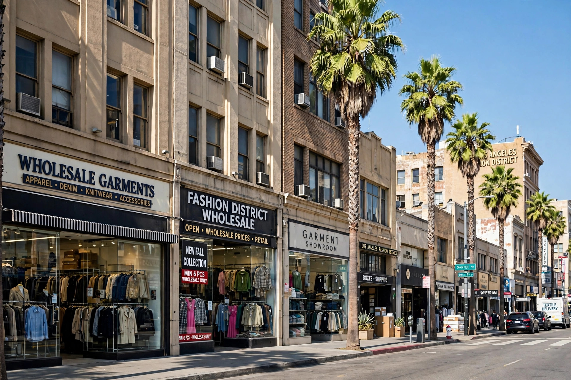 Wholesale clothing in Los Angeles: fashion district showroom storefronts and garment racks