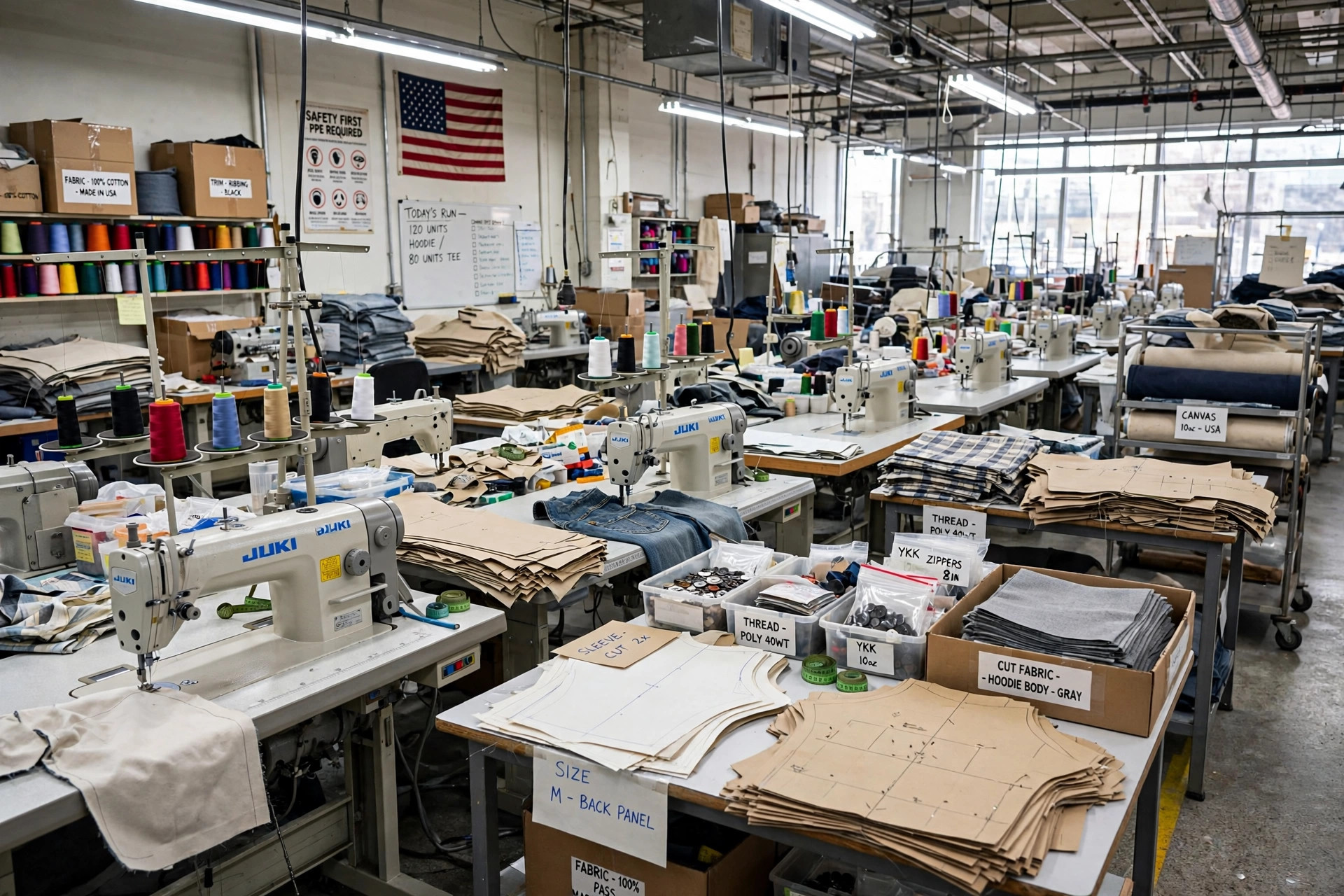 Wholesale clothing made in the USA: sewing machines and garments in an American clothing factory