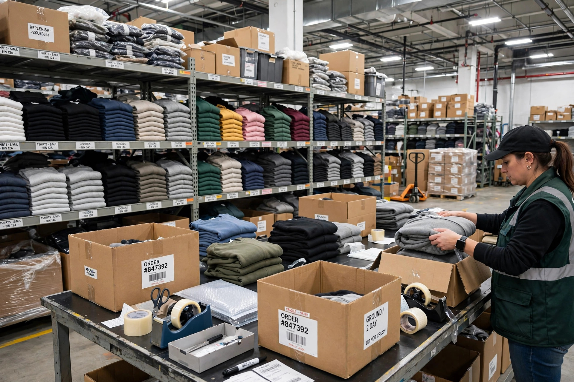 Wholesale dropshipping clothing: a fulfillment worker packing folded garments into shipping boxes
