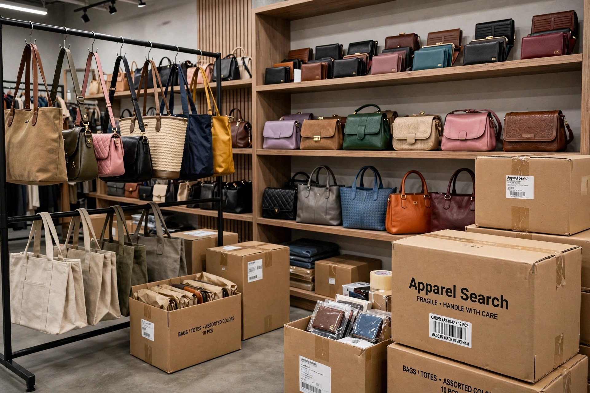 Wholesale handbags: shelves of handbags, purses, wallets and tote bags in a wholesale showroom