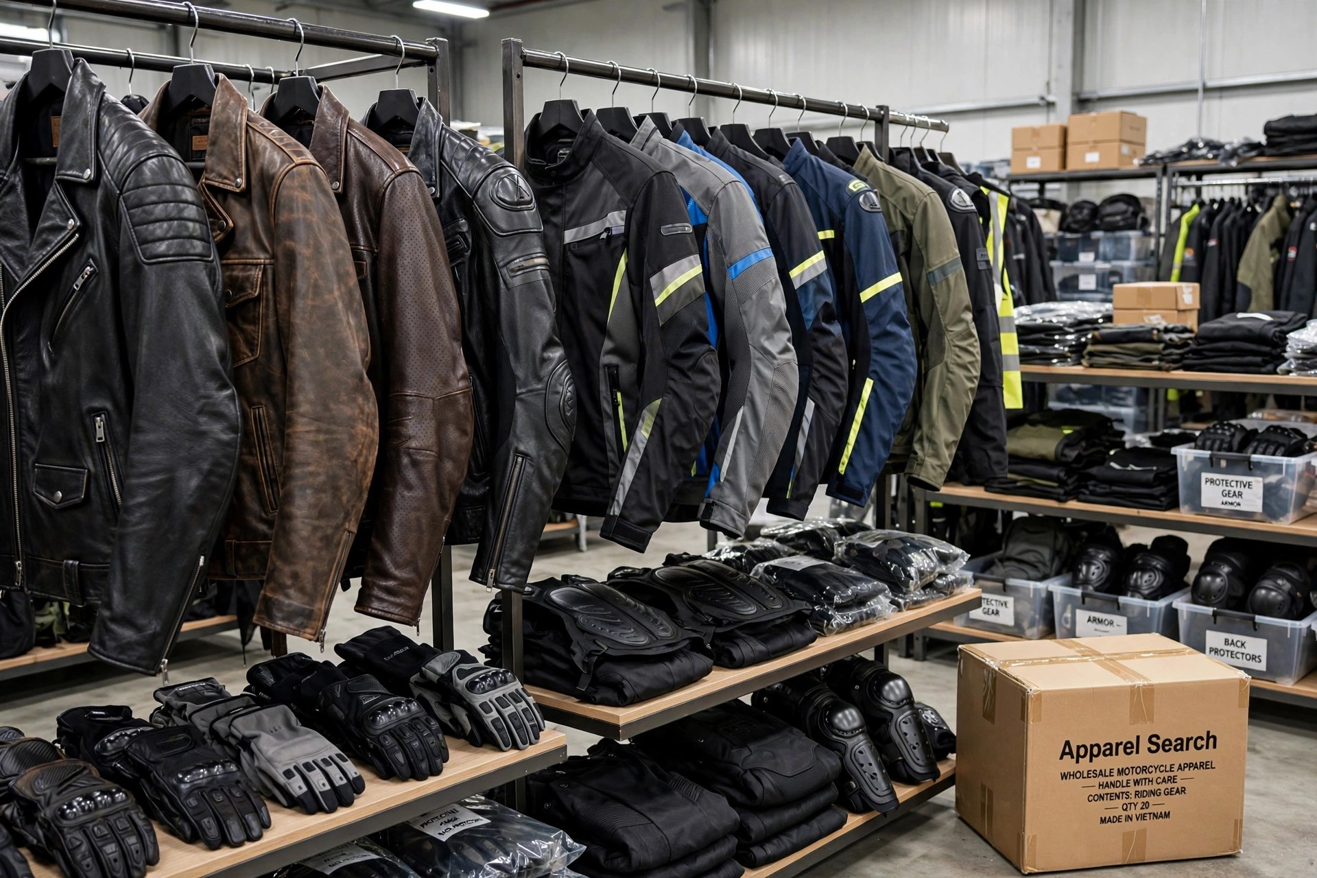Wholesale motorcycle clothing: racks of leather motorcycle jackets and protective riding garments