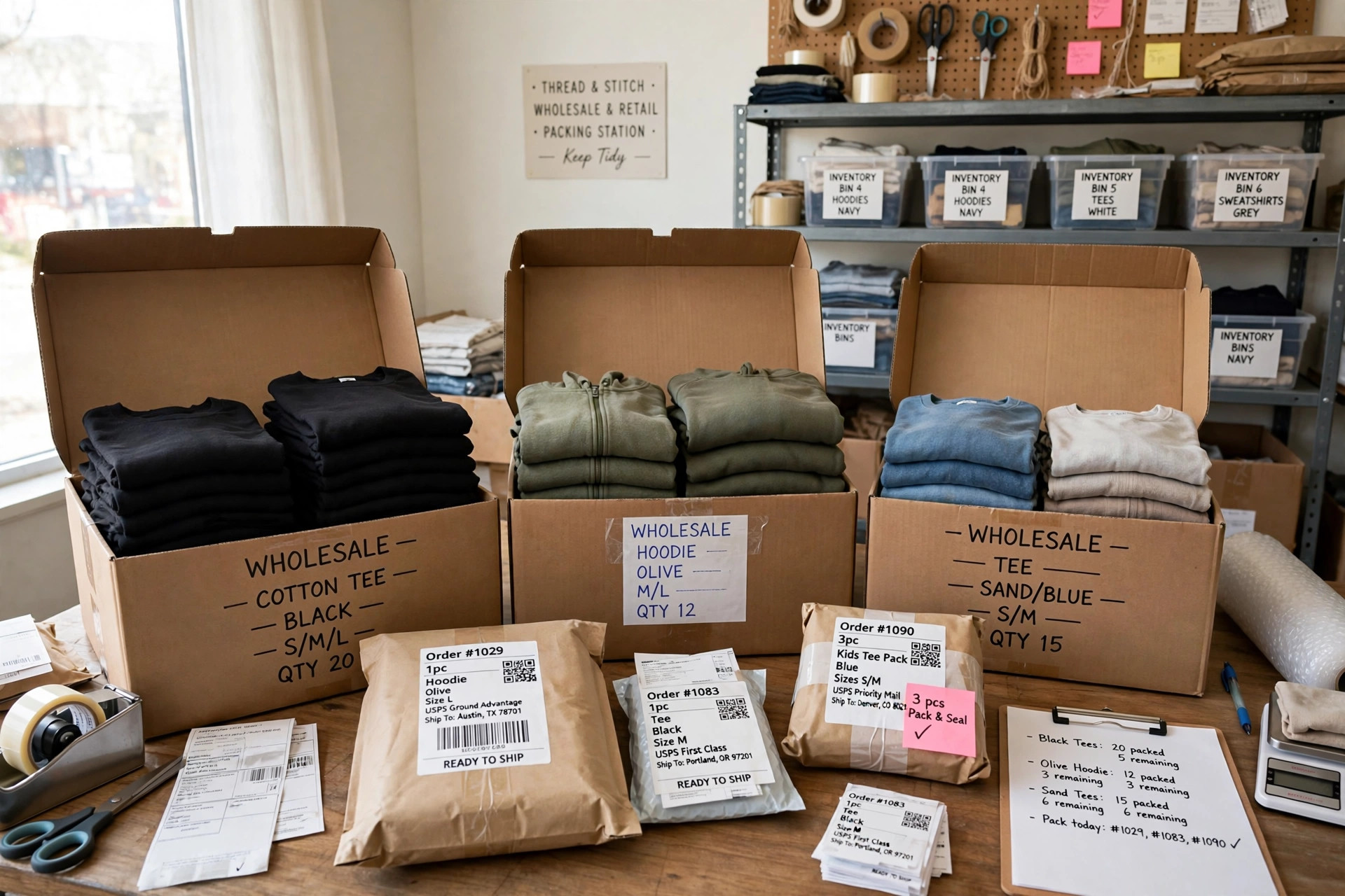 Wholesale clothing with no minimum order: small stacks of folded garments in open cartons