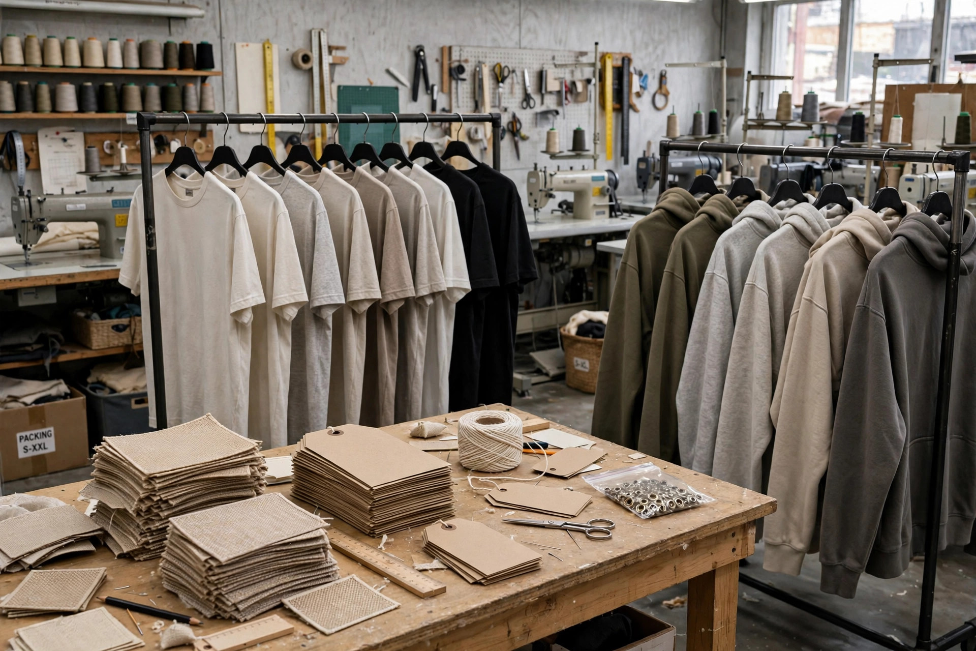 Wholesale private label clothing: blank garments, woven labels and hang tags on a work table