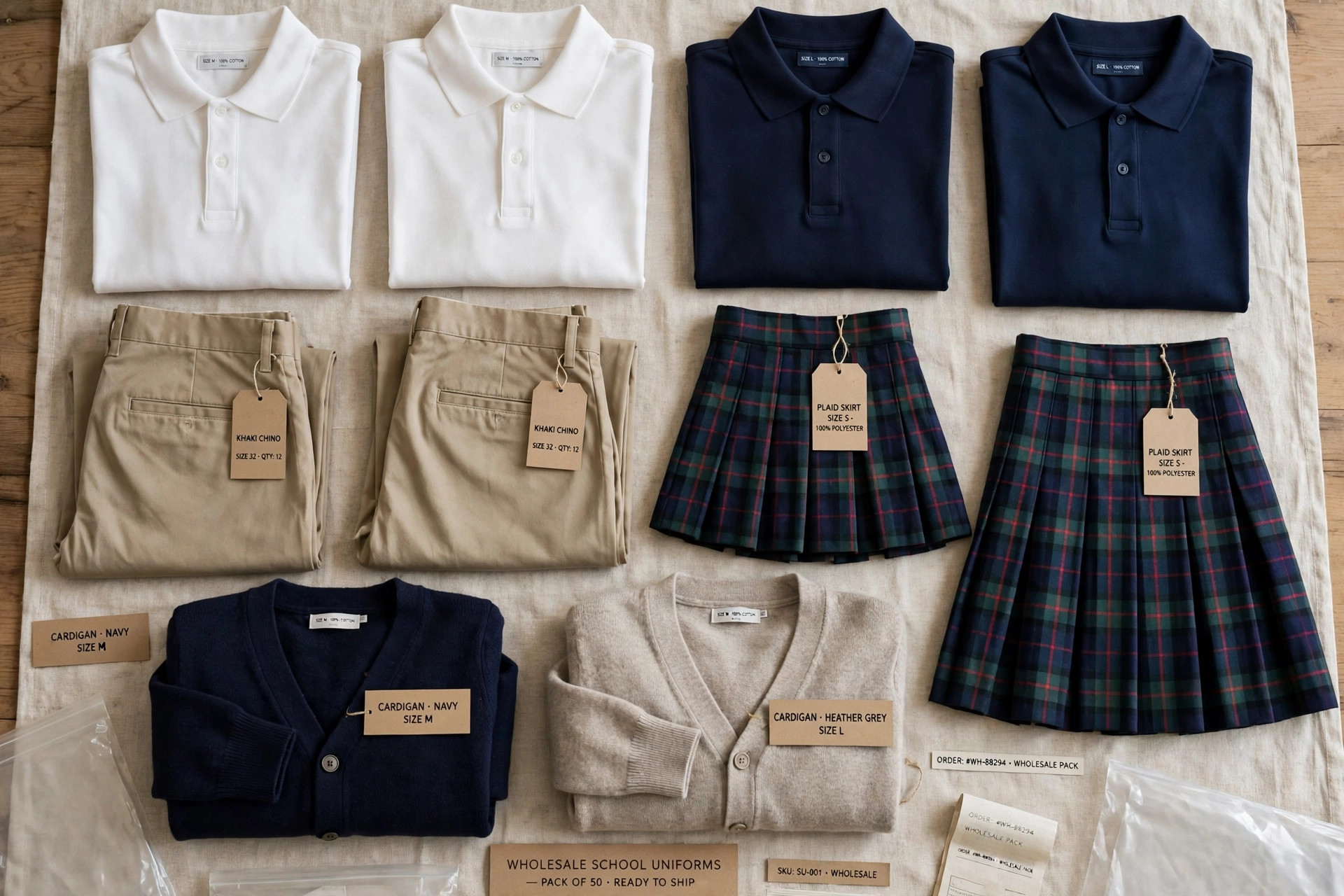Wholesale school uniforms: folded polo shirts, khaki pants and plaid skirts arranged as a flat lay