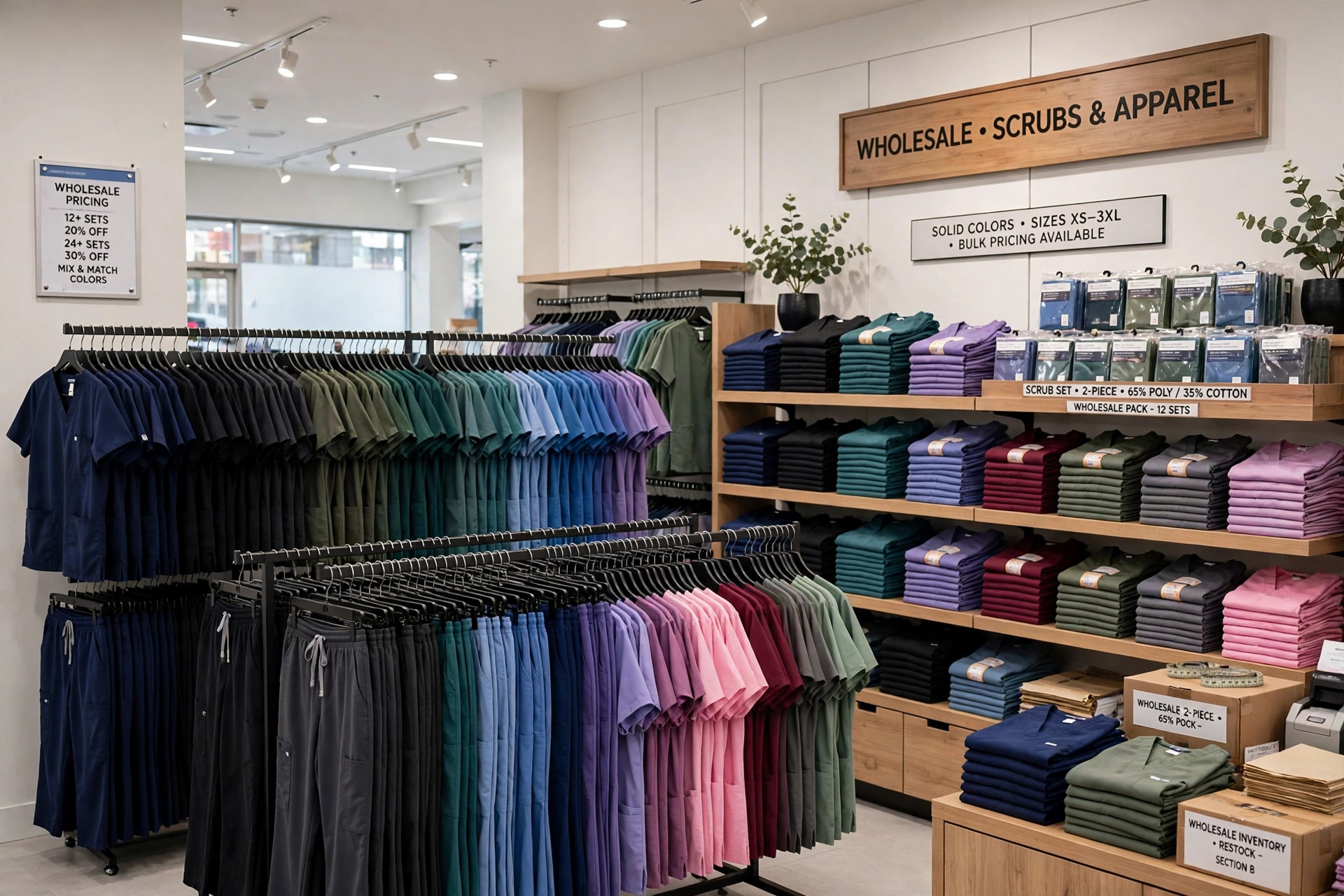 Wholesale scrubs: racks of medical scrub tops and pants in many colors