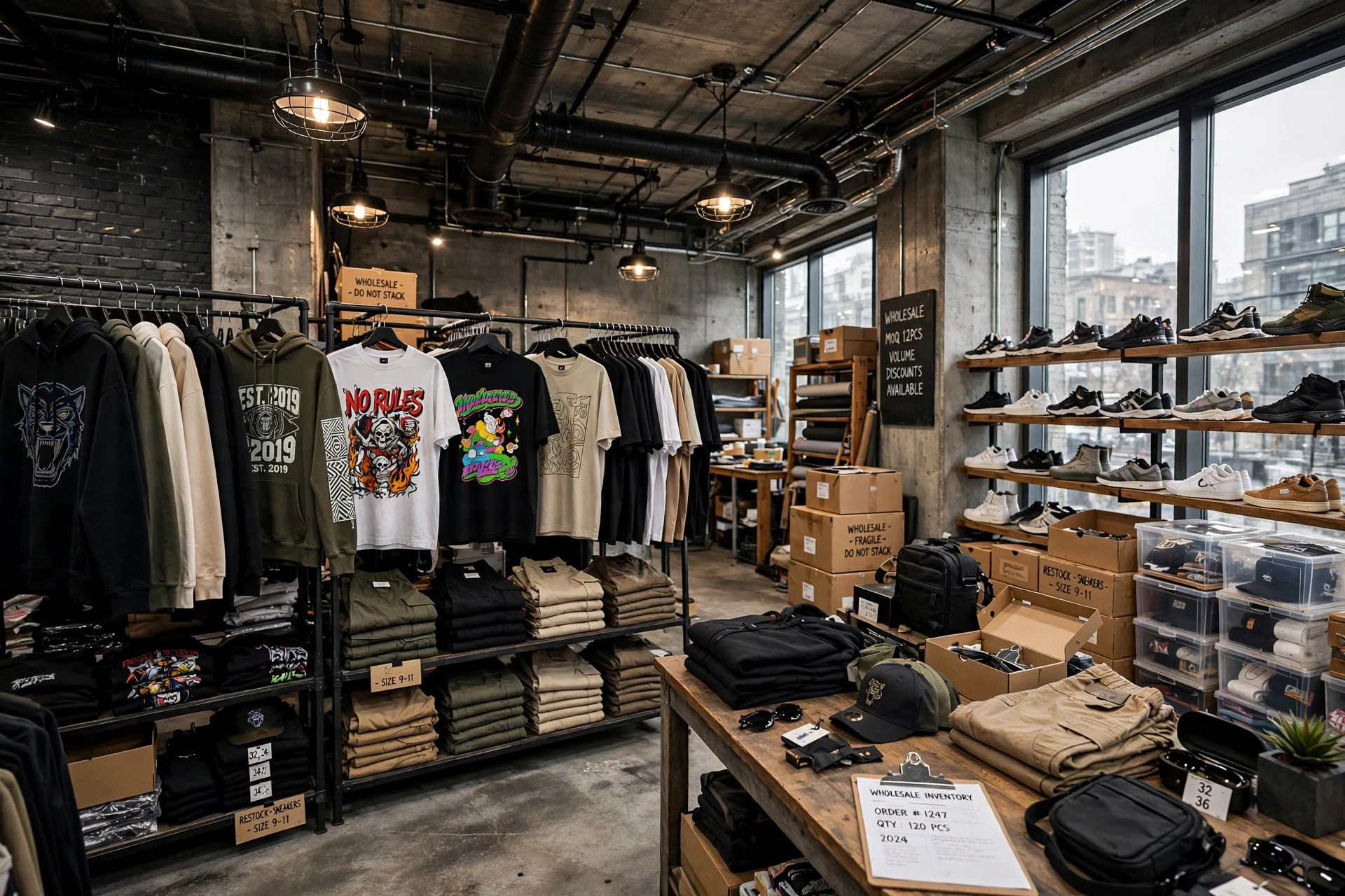Wholesale streetwear clothing: racks of hoodies, graphic t-shirts and cargo pants in a showroom