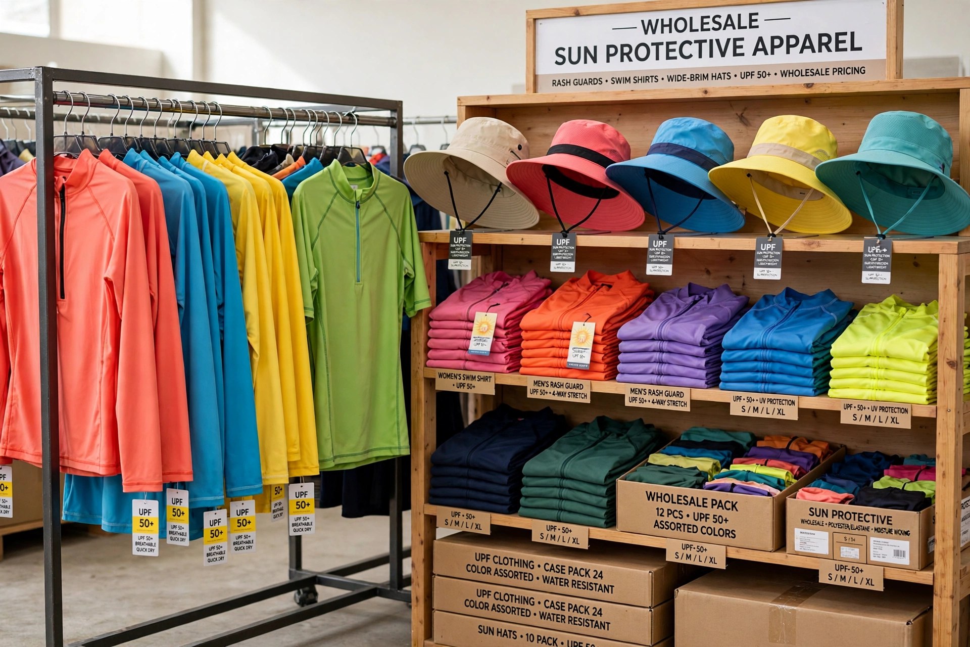 Wholesale sun protection clothing: racks of rash guards, swim shirts and wide-brim sun hats
