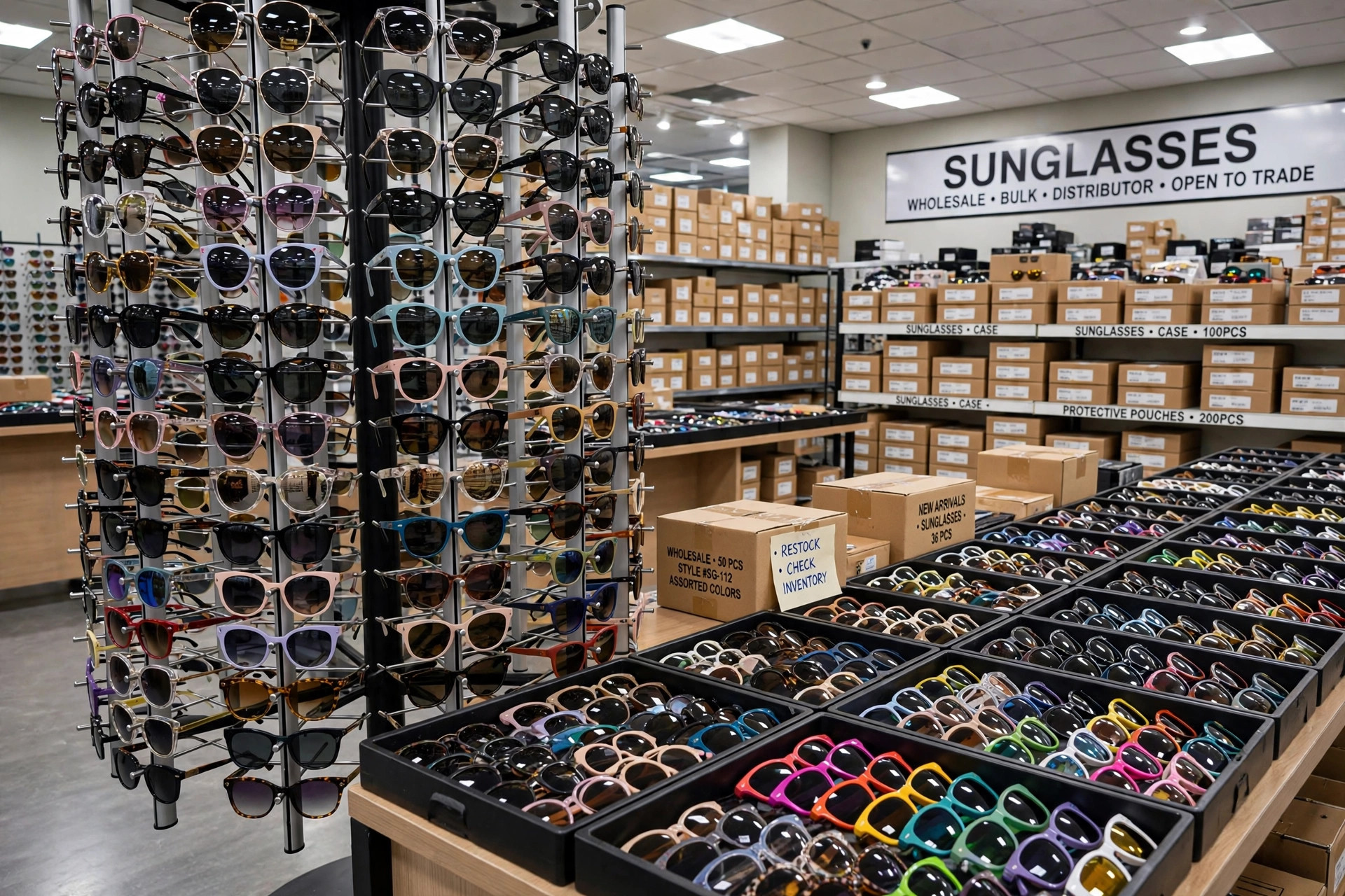 Wholesale sunglasses: display racks and trays filled with sunglasses in many styles