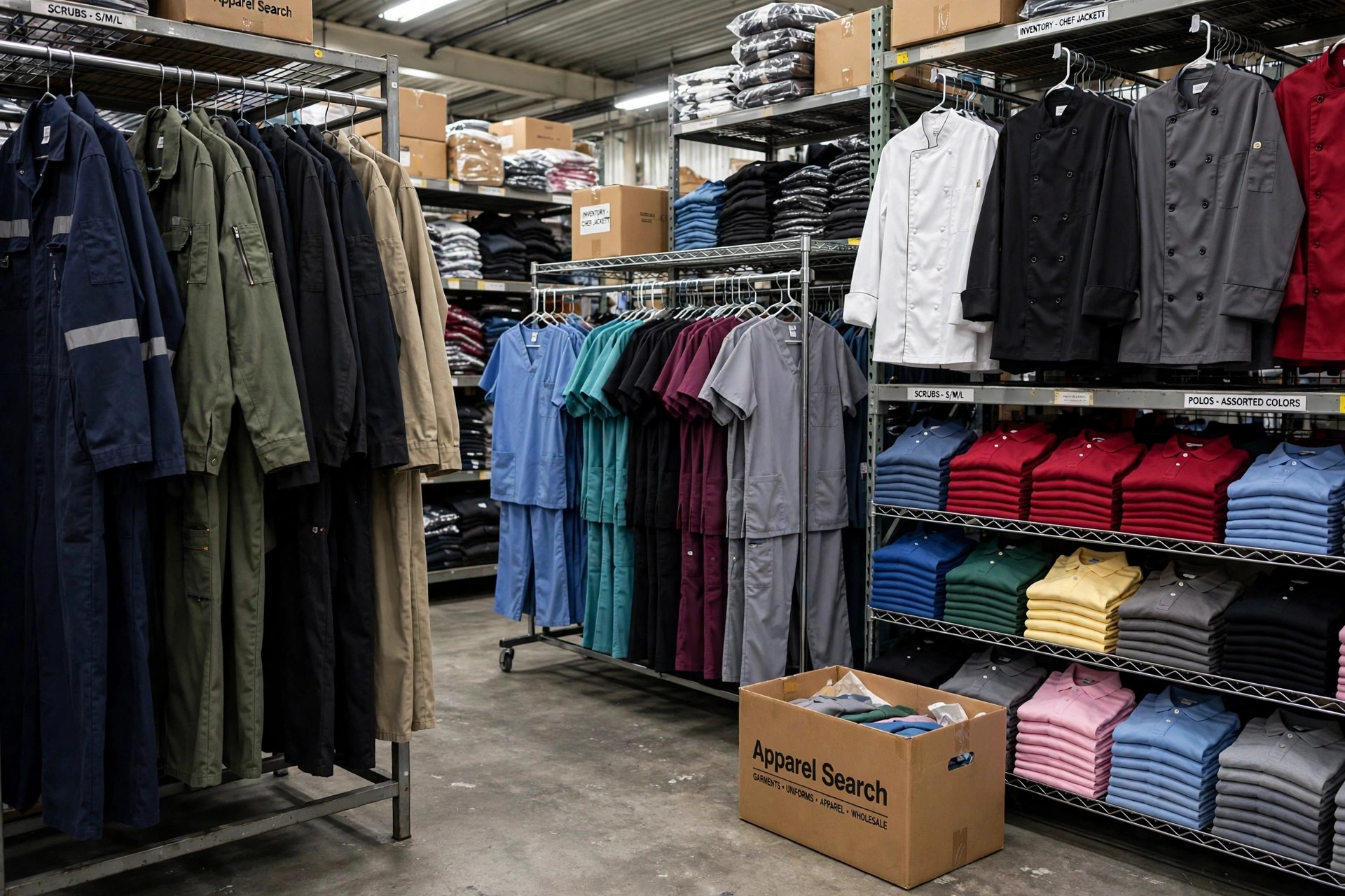 Wholesale uniforms: racks of work uniforms, scrubs, chef jackets and polo shirts