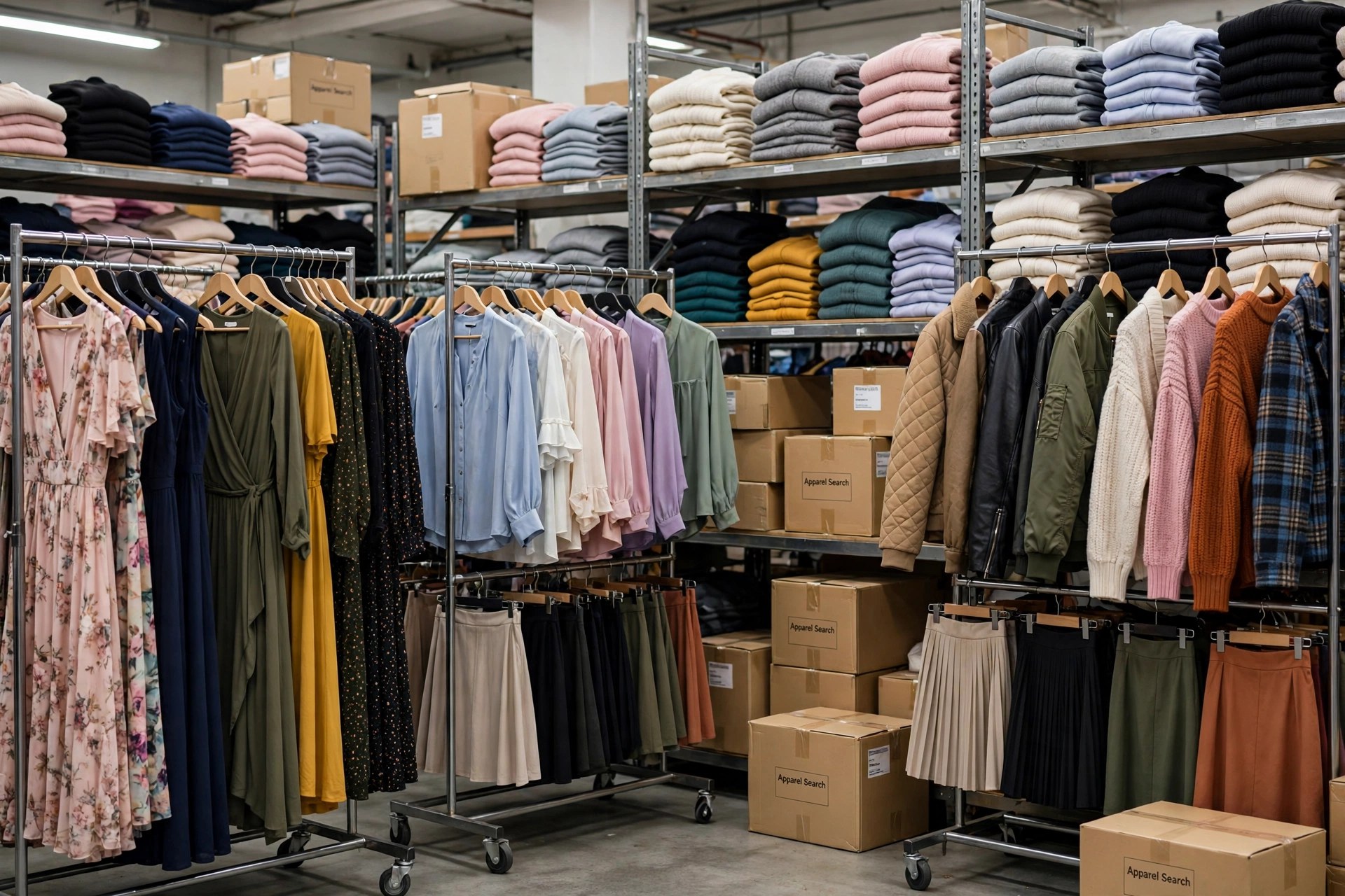 Women's wholesale clothing: racks of dresses, blouses, skirts and knitwear in a wholesale warehouse