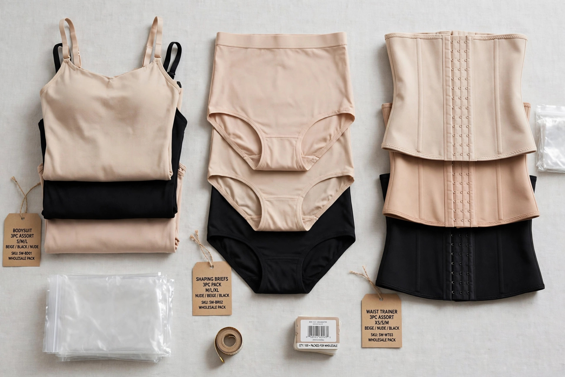 Women's wholesale shapewear: folded bodysuits, shaping briefs and waist trainers arranged as a flat lay