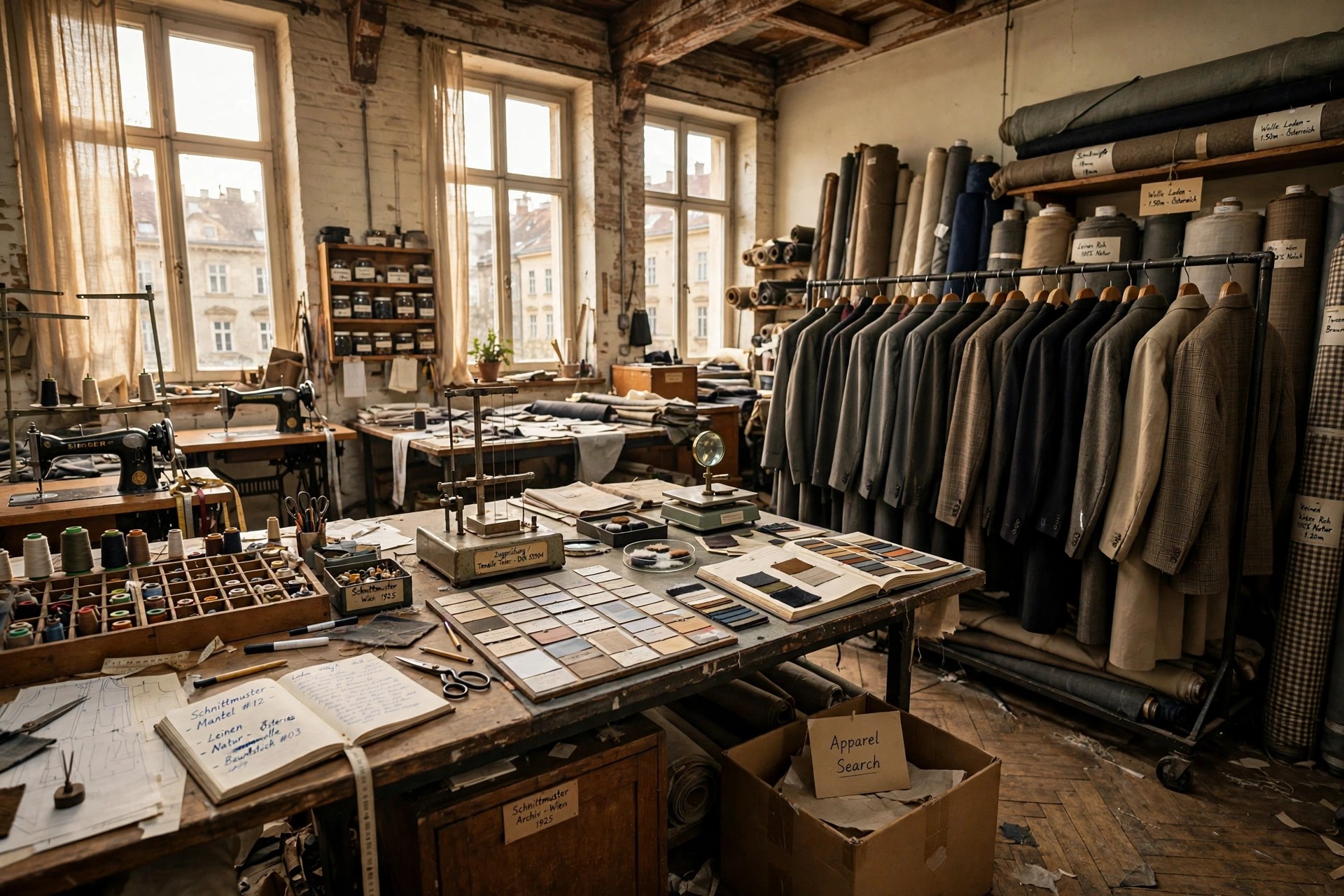Austrian garment and textile workshop with sewing workstations, rolls of fabric, garment racks and textile materials