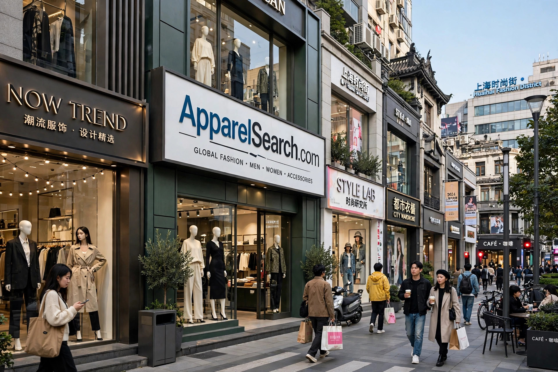 Fashion district in Shanghai, China, with clothing boutiques and shoppers