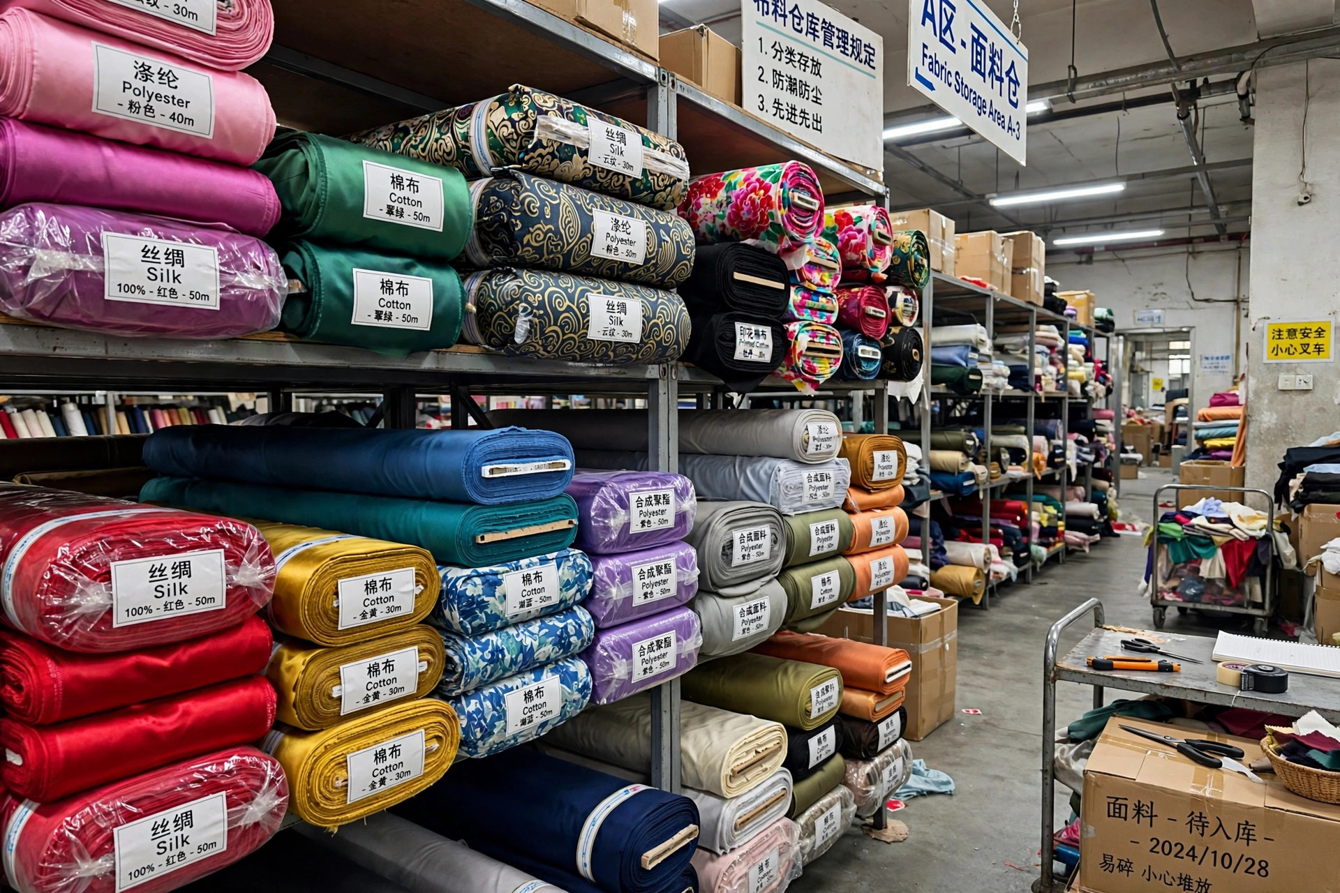 Rolls of colourful textiles and fabrics stacked in a Chinese fabric warehouse