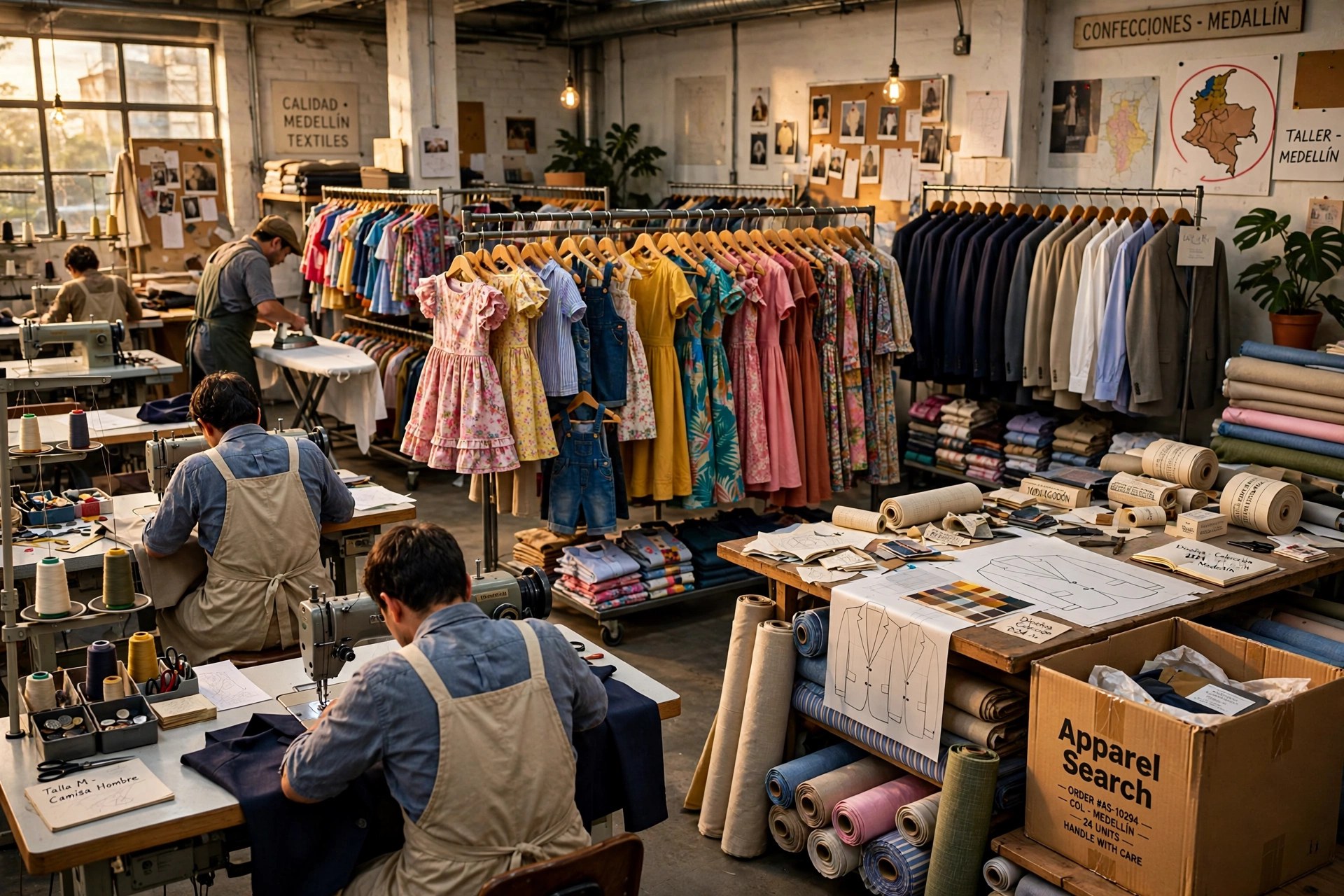 Colombian garment factory and design studio in Medellin with sewing workstations, racks of suits, dresses and children's clothing, rolls of fabric and a shipping carton